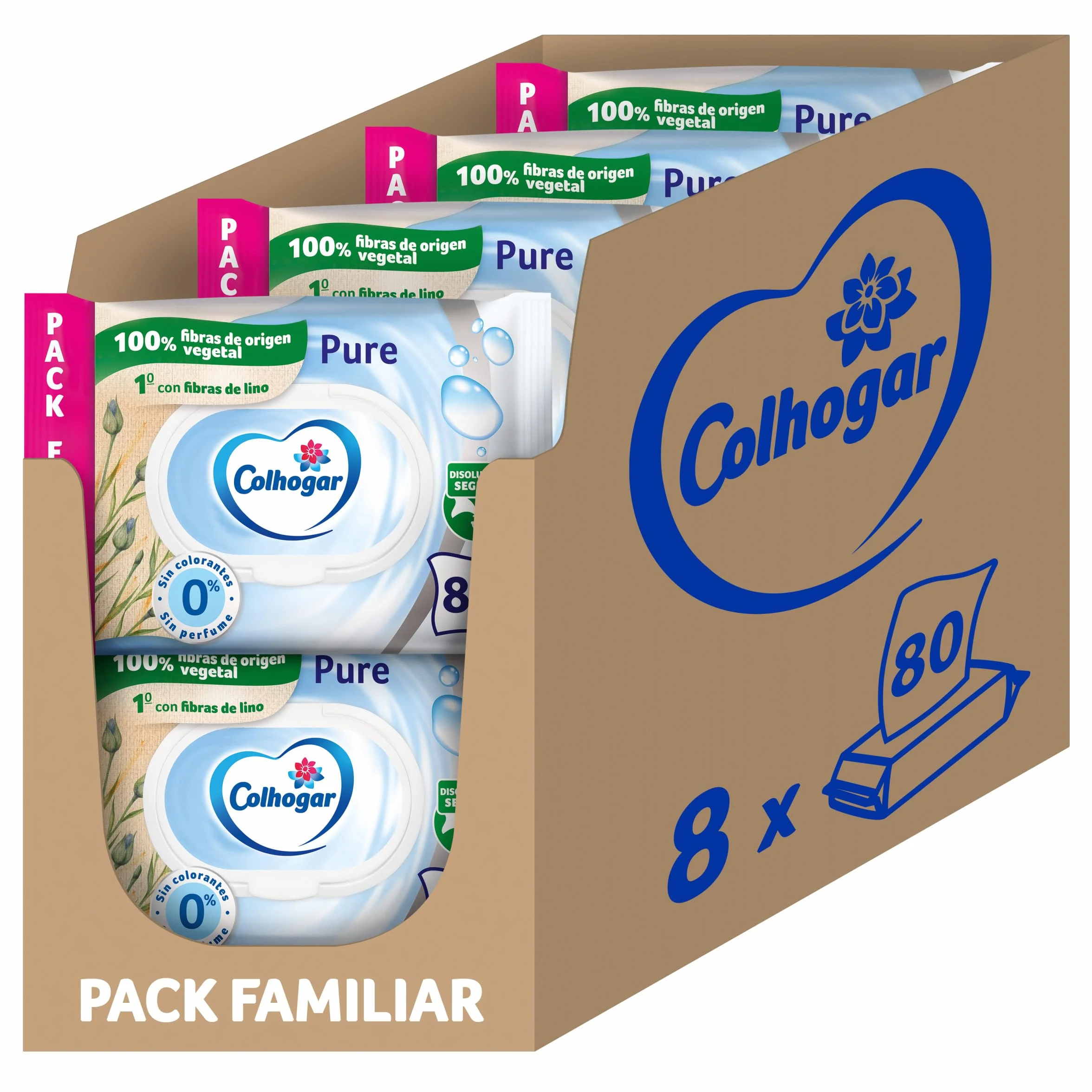 Colhogar Pure Moist 8x80 Carta igienica umida usa e getta, senza alcool, pelli sensibili, confezione da 640 salviettine