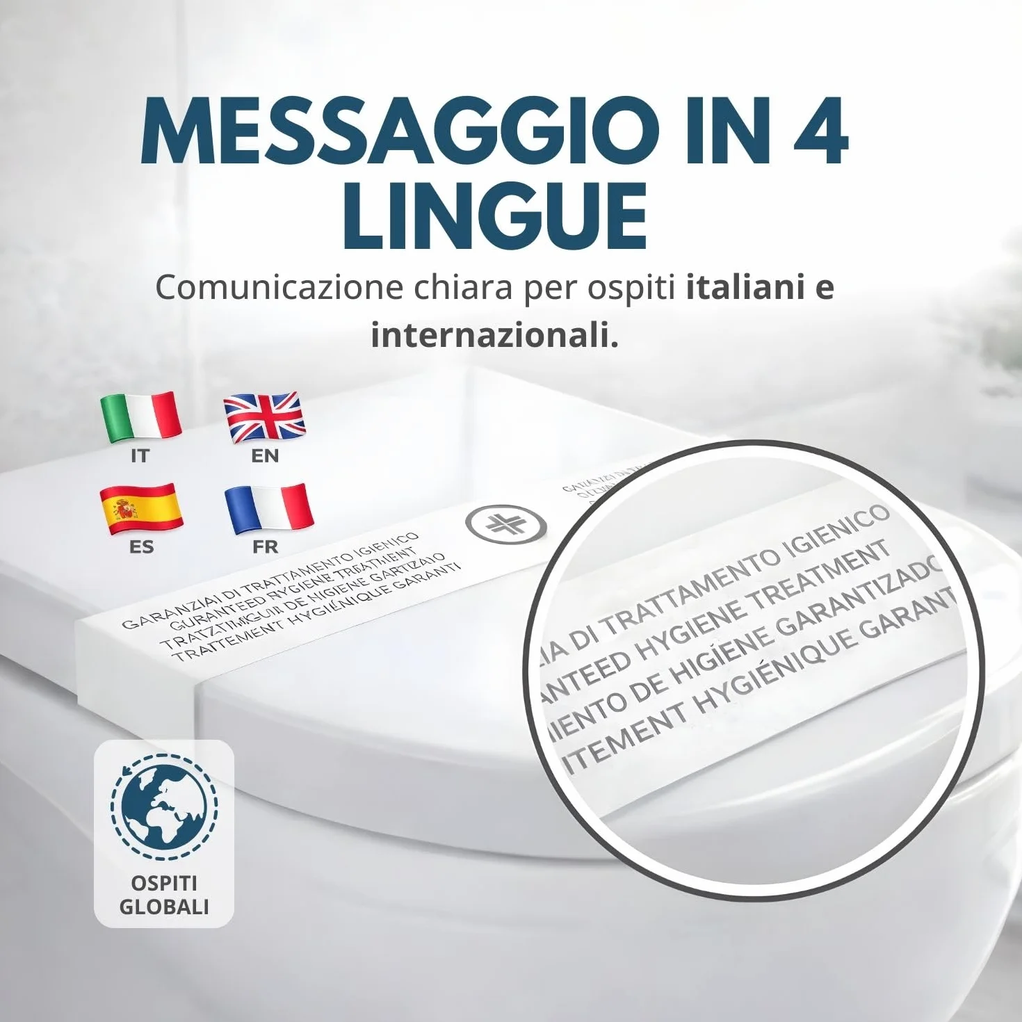Strisce garanzia igiene WC con testo in 4 lingue 500 pz, 62x6,5 cm