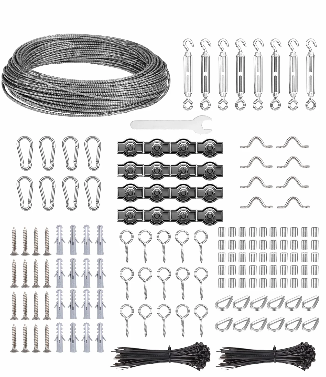 60m 2mm Cavo Acciaio Inossidabile, Fune nylon 304 rivestito Acciaio con Tenditore e Ganci, Filo per Stendere il Bucato da Esterno, Cavo Acciaio per Tende, Appendere Lamp.