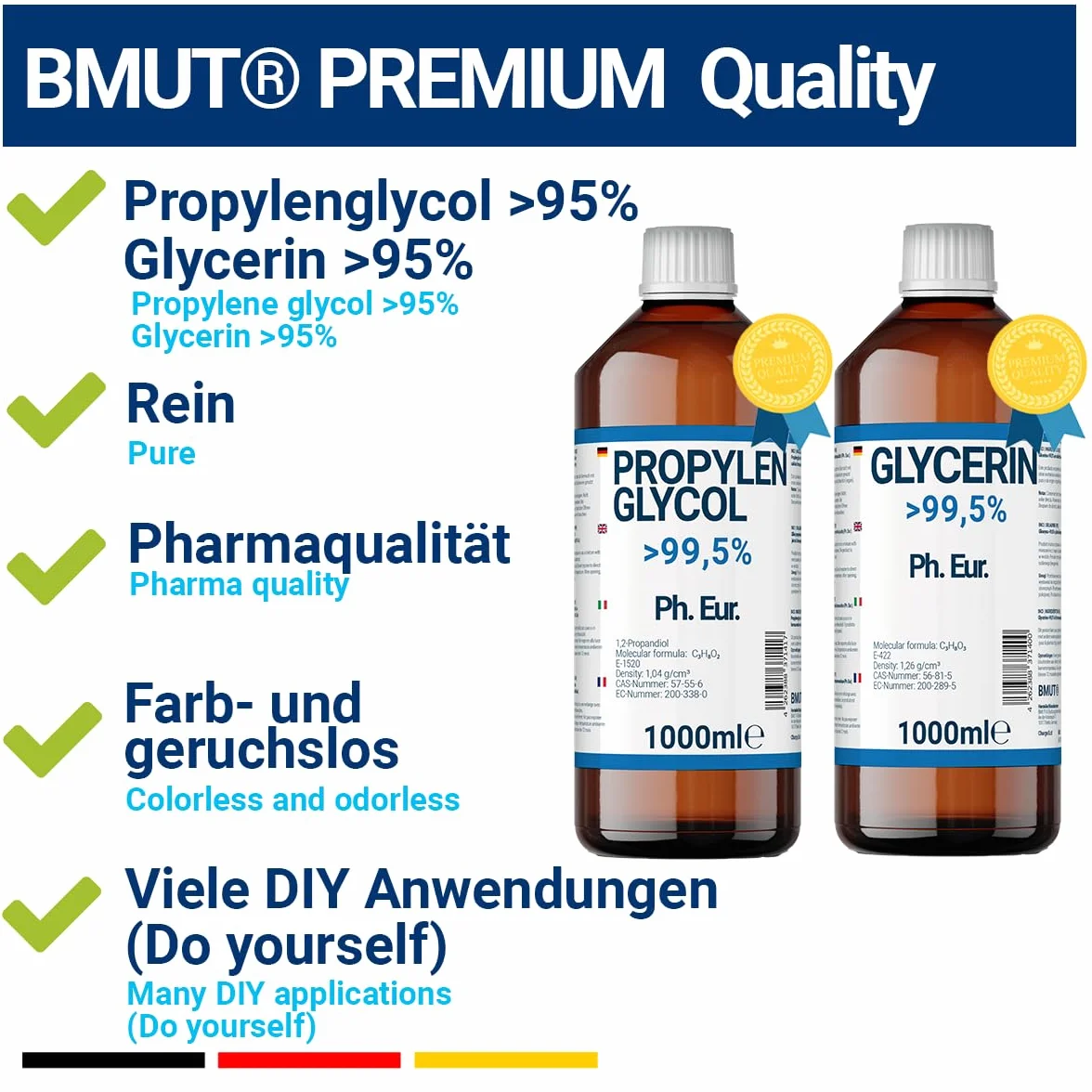 1000 ml di glicerina + 1000 ml di glicole propilenico di qualità farmaceutica | > 99,5% | puro | E422 + E1520 DIY