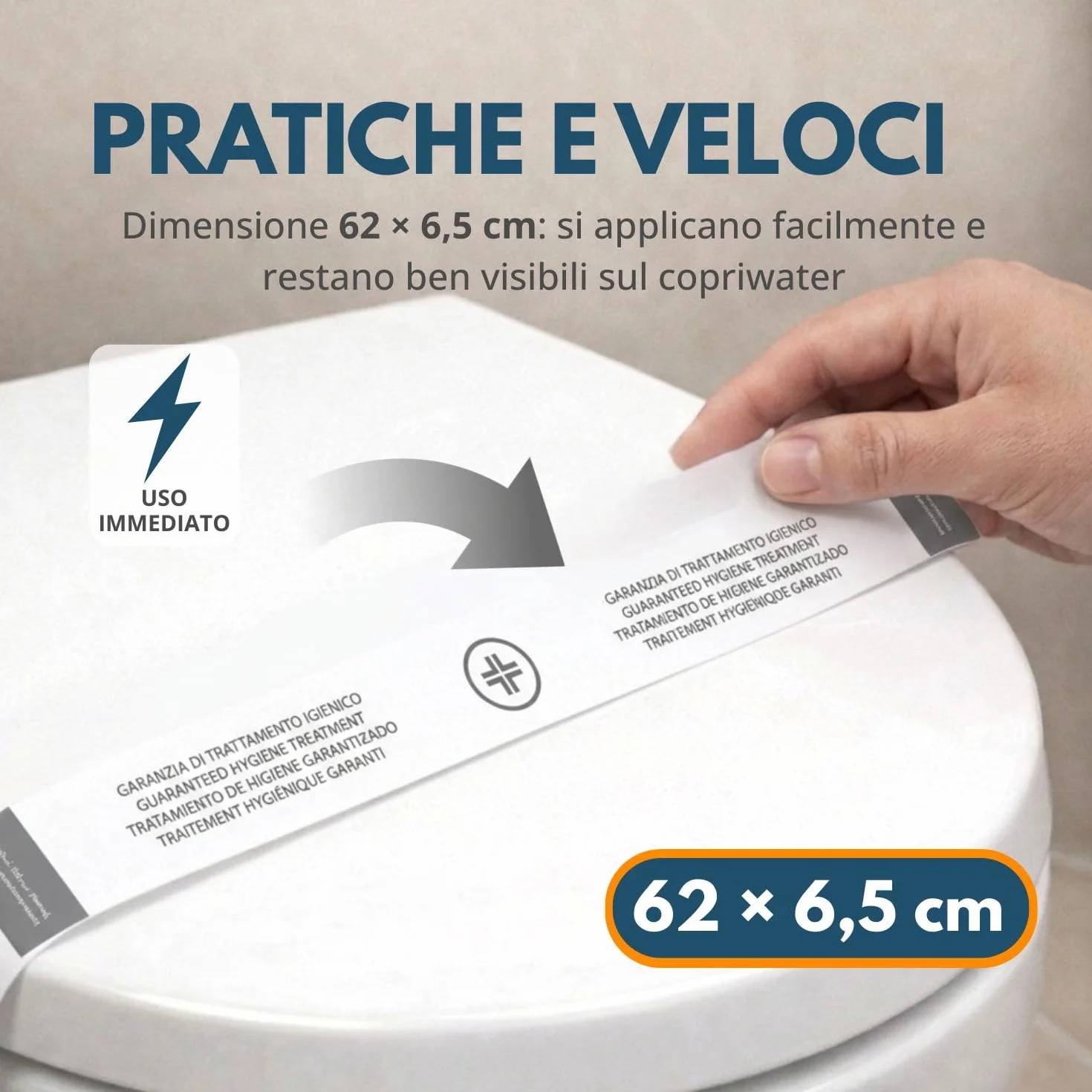 Strisce garanzia igiene WC con testo in 4 lingue 500 pz, 62x6,5 cm