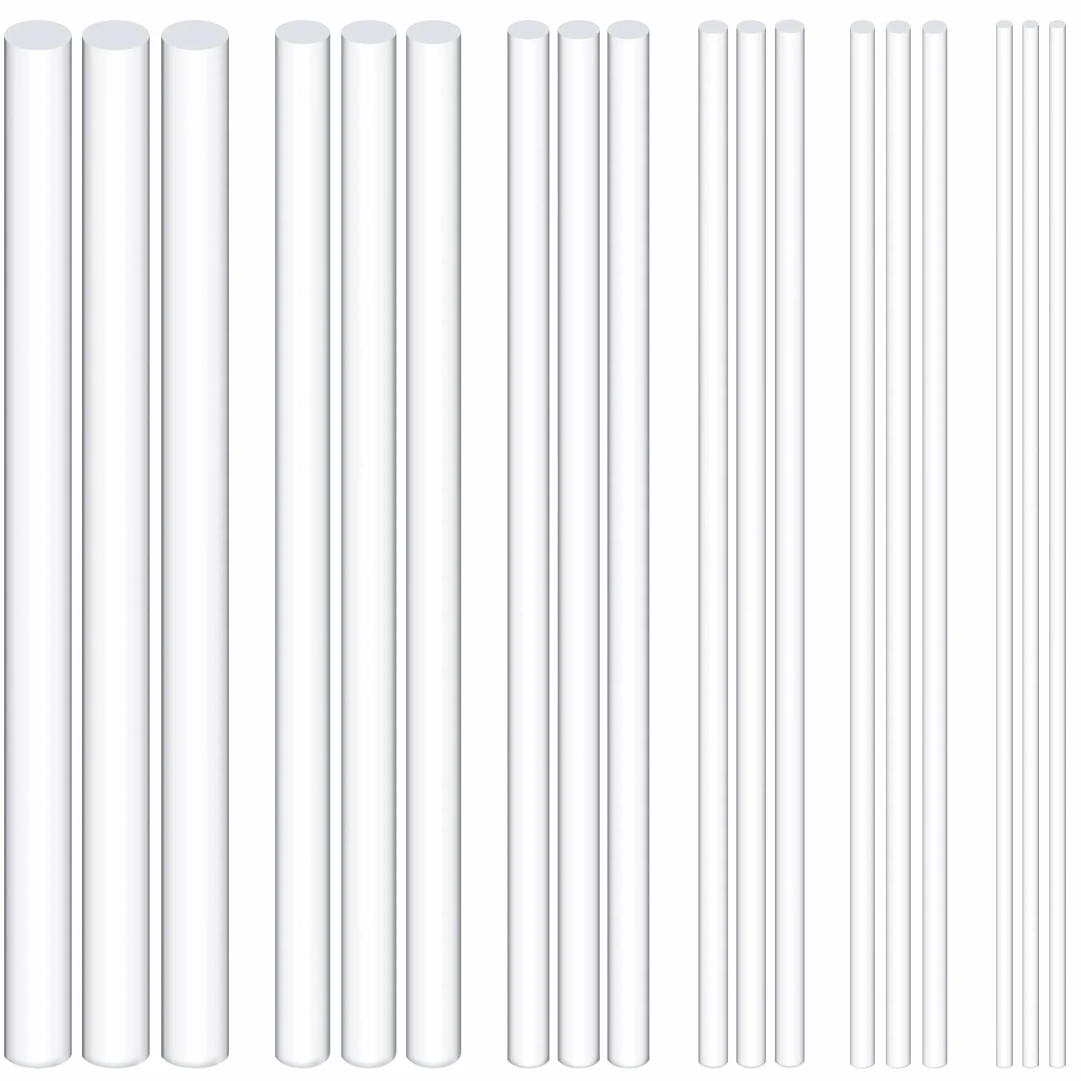 Swpeet Bastoncini di tassello in acrilico, 30 pezzi, diametro 3 mm, 4 mm, 5 mm, 6 mm, 8 mm, 10 mm di lunghezza, 300 mm, bianco, assortimento in acrilico trasparente, rotondi, solidi, per modellismo