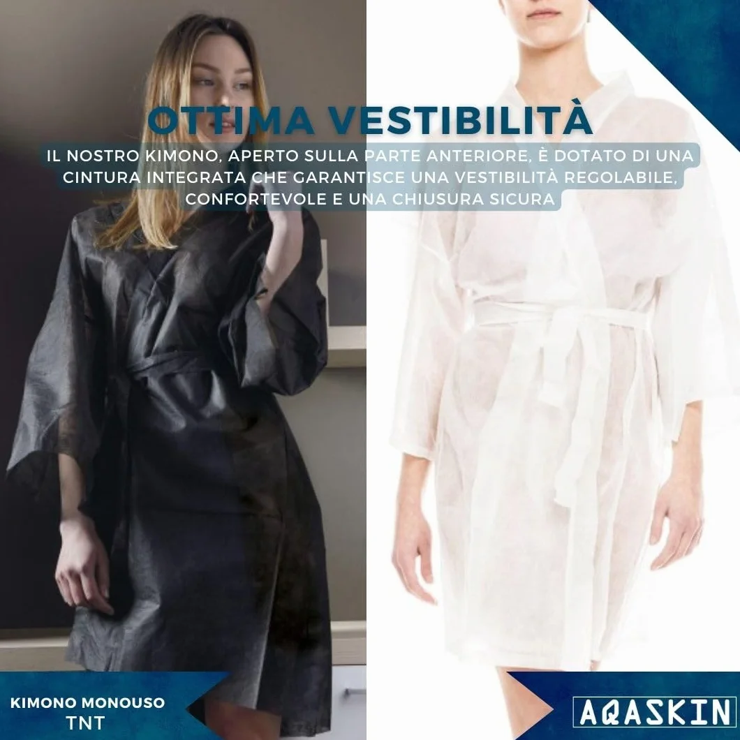 Kimono Monouso Estetista in TNT 30gr/m2 - Confezioni da 20 pz - SCONTI QUANTITà - Confezionati singolarmente - Dimensioni 100x140cm - Tasca e Cinturino