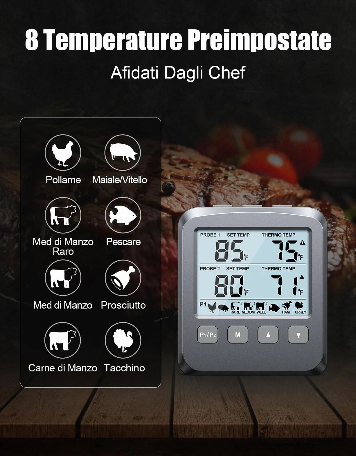 CIRYCASE Dual Sonda Termometro Cucina Digitale, Termometro Alimenti con LCD e Allarme, Lettura Rapida per Barbecue Forno Carne Latte Olio Frittura