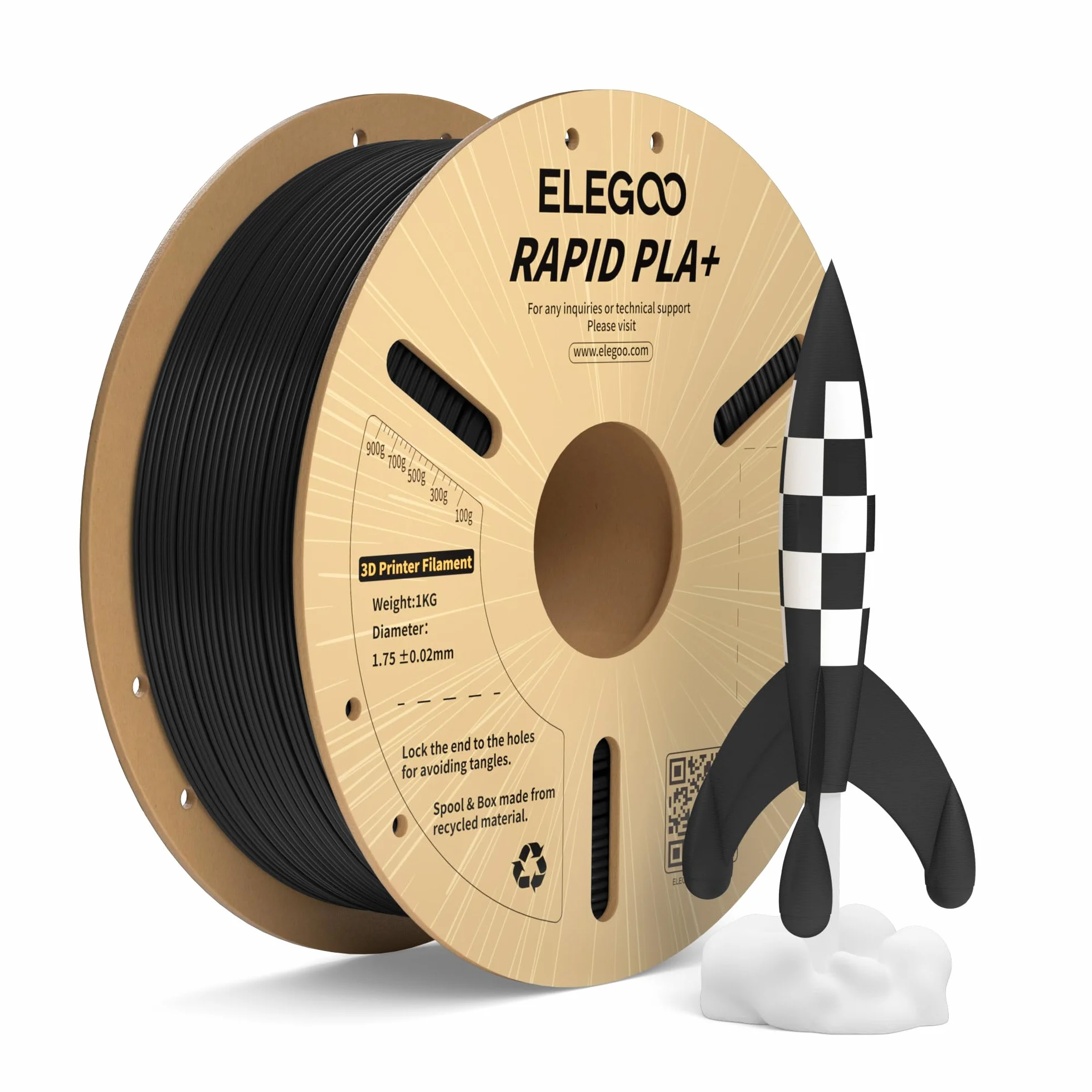 ELEGOO Rapido Filamento PLA+ 1.75mm Nero 1KG Alta Velocità 30-600 mm/s Precisione Dimensionale +/- 0.02mm