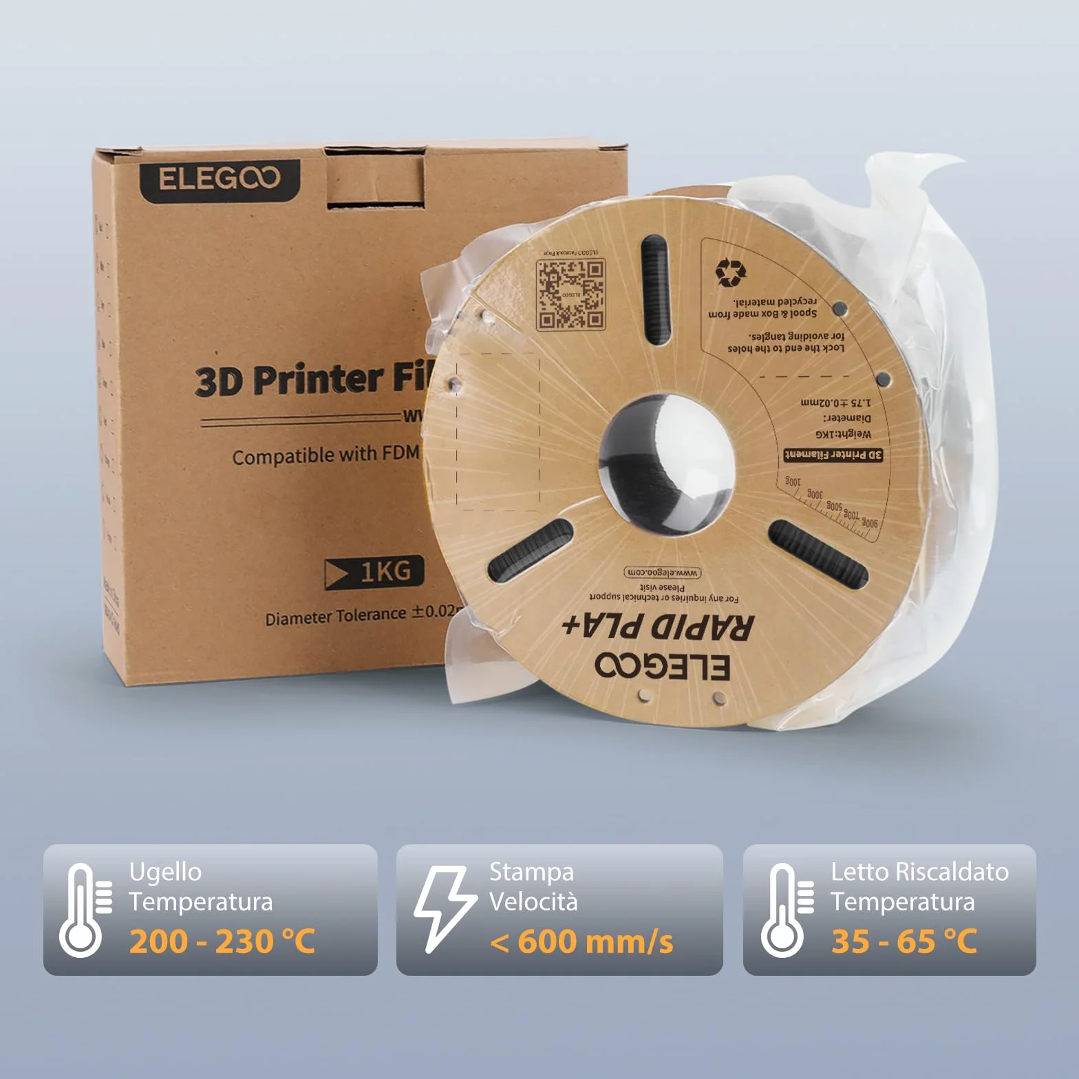 ELEGOO Rapido Filamento PLA+ 1.75mm Nero 1KG Alta Velocità 30-600 mm/s Precisione Dimensionale +/- 0.02mm
