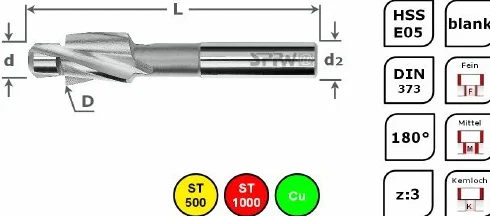 Svasatore piatto E05 180 ° DIN373 ø15,0 X 6,8 m8,0 K
