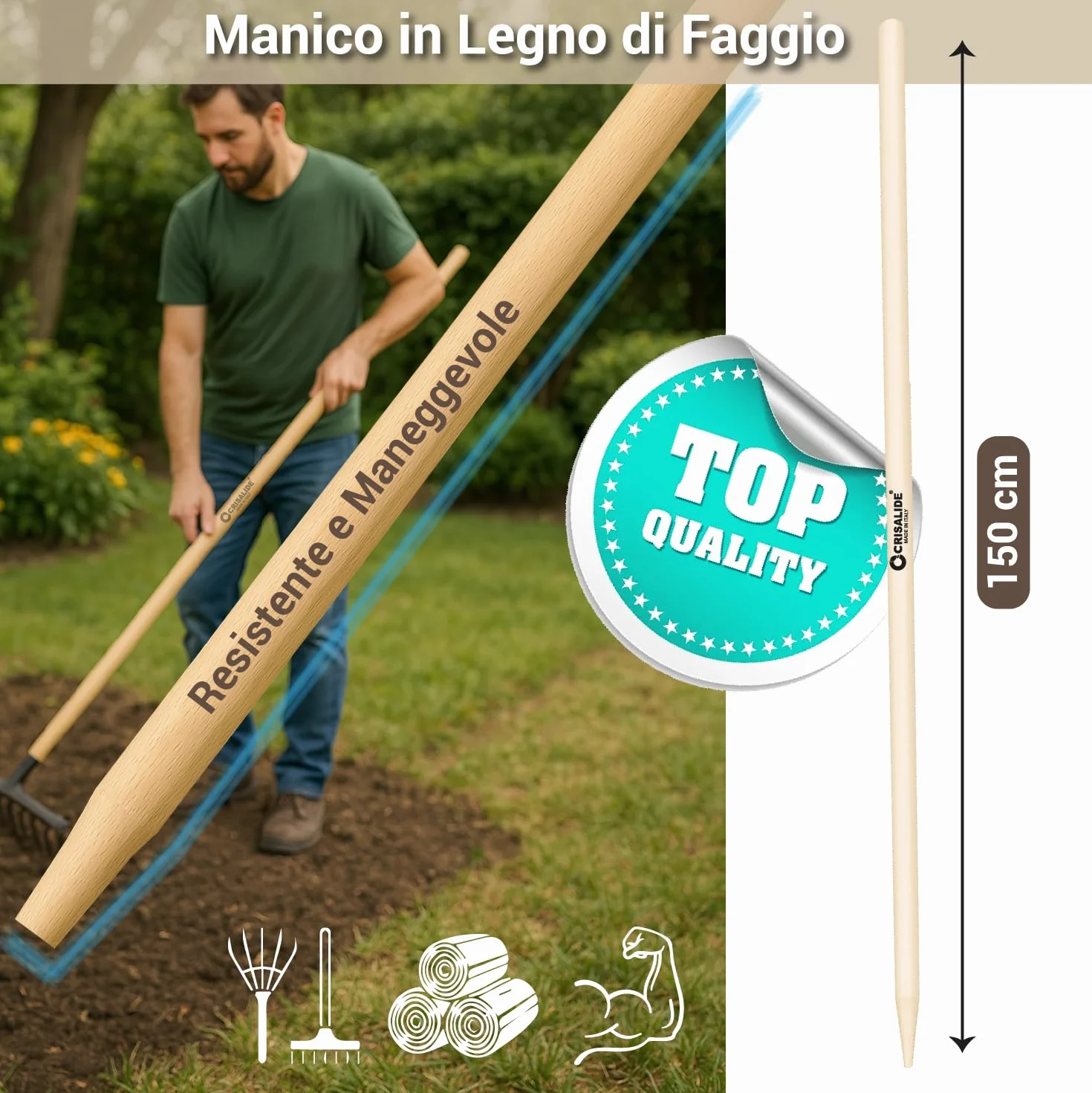 Crisalide Manico in Legno di Faggio Multiuso 150 cm Attacco Conico Made In Italy