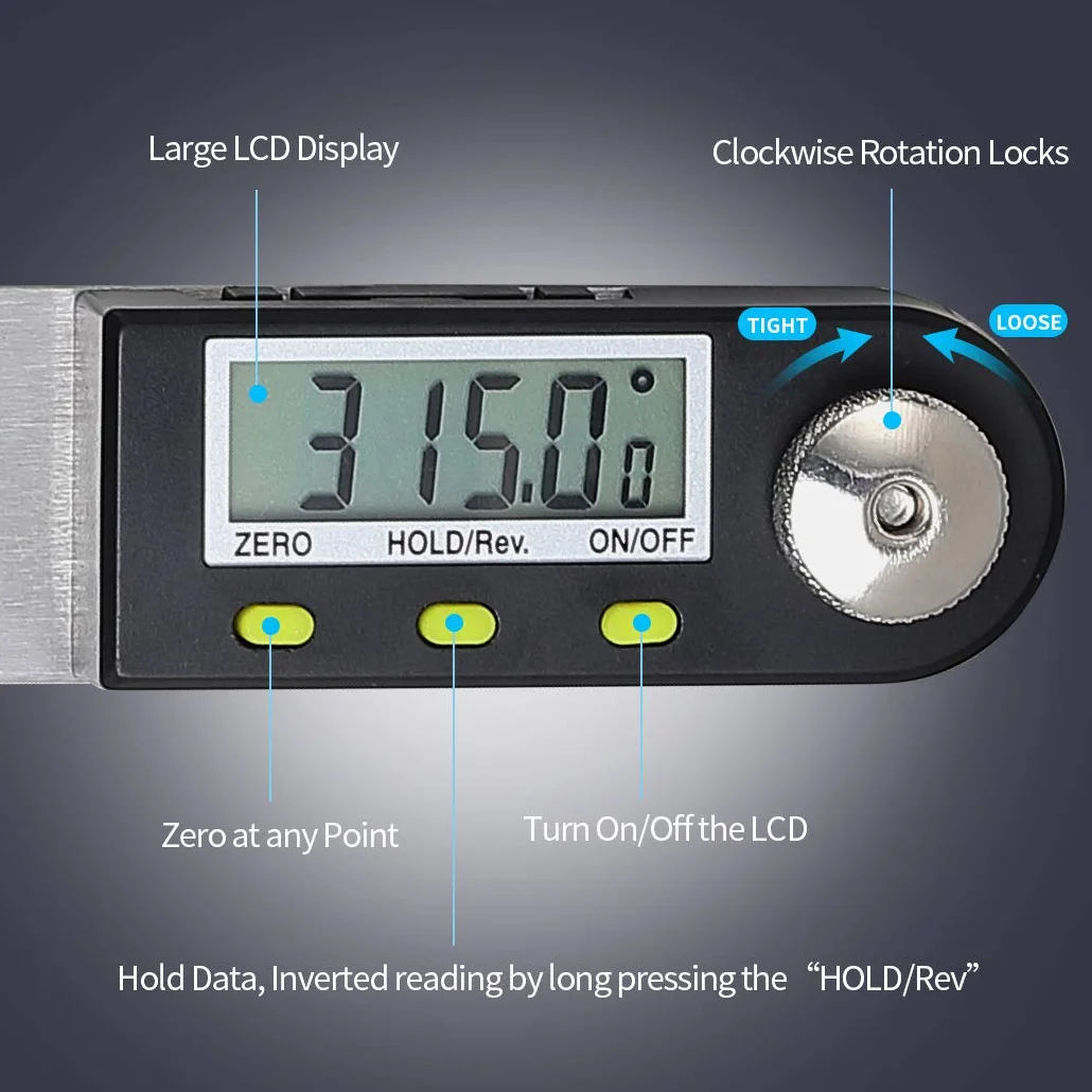 Righello Angolare Digitale Display LCD Goniometro 360 Gradi Rilevatore Angolo Acciaio Inossidabile con Funzione di Bloccaggio per Falegnami Ingegneria Legno,400mm