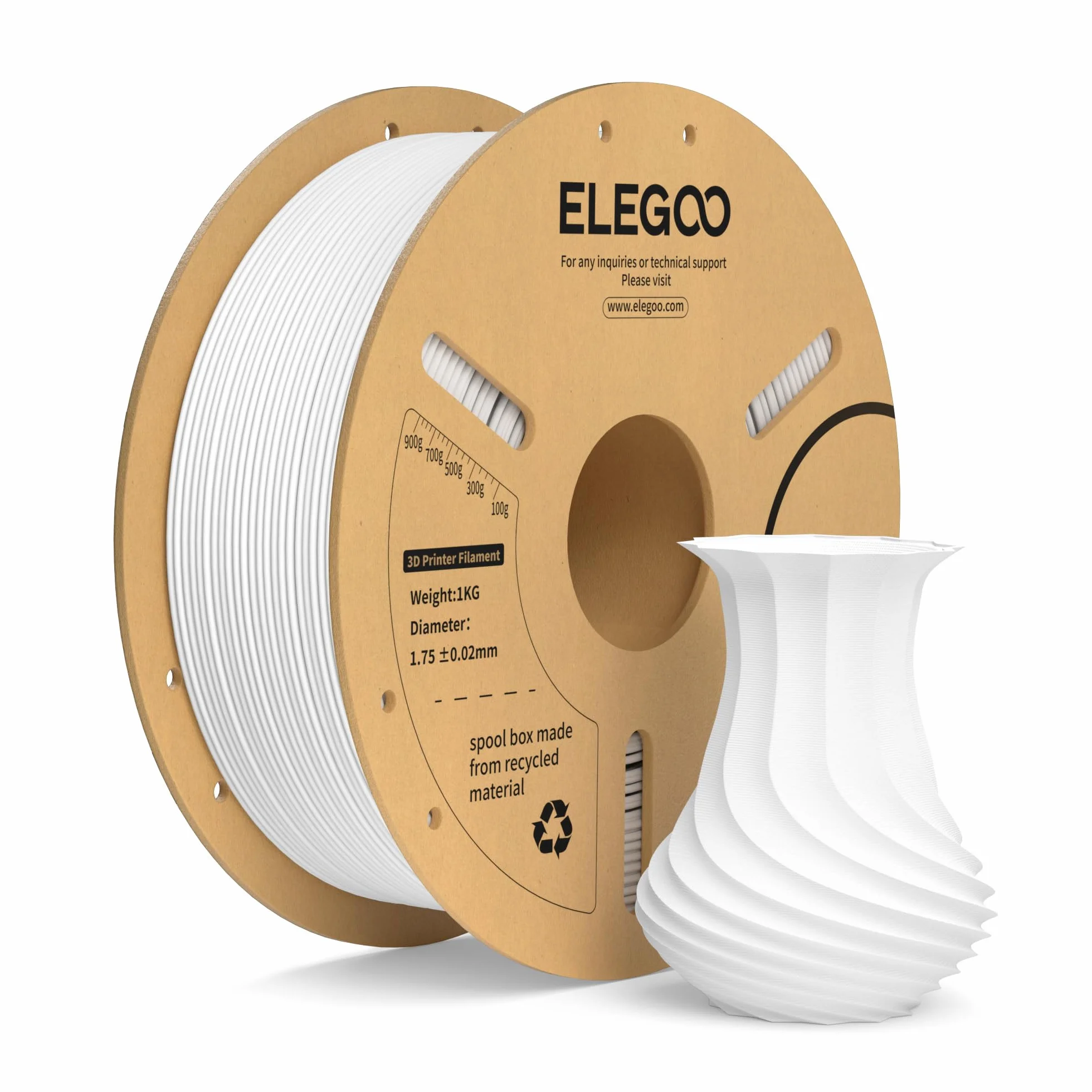 ELEGOO Filamento PLA+ 1.75mm Bianco 1KG, Precisione Dimensionale +/- 0.02mm