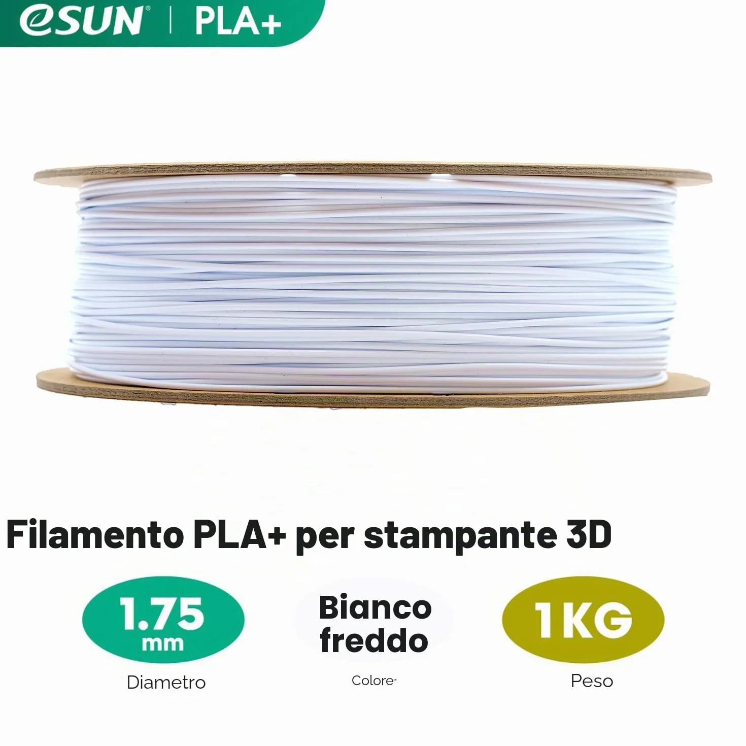 eSUN Filamento PLA+ 1.75mm 1kg Bobina Bianco Freddo per Stampante 3D