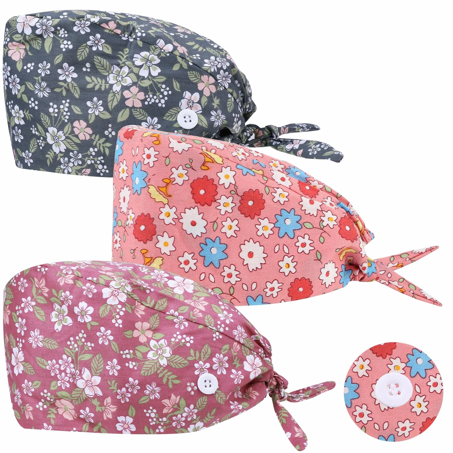 Yolev 3 Pezzi Berretto Chirurgico Regolabile con Bottone - Da Lavoro e Infermiera, Stampa Cotone, Unisex con Cappuccio Antipolvere (Stile Floreale)