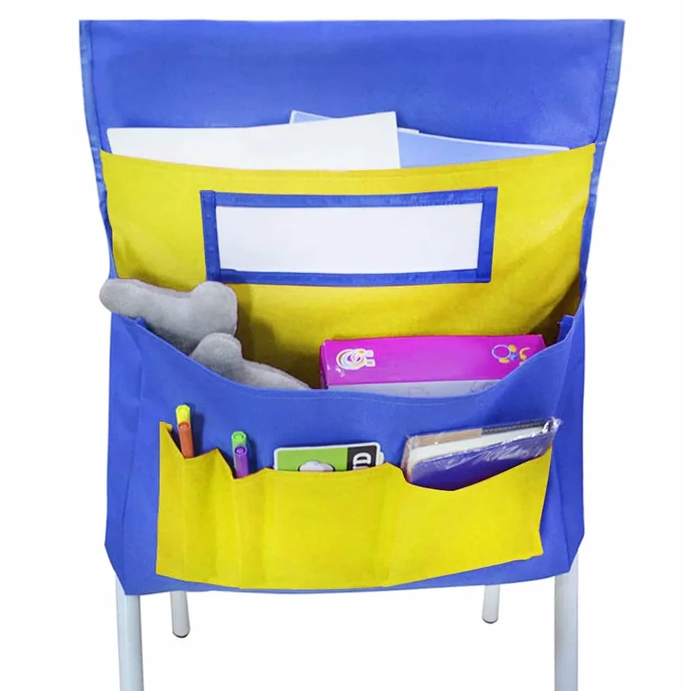 Tasca per sedia in aula scuola e tasche per sedie con targhetta con nome e tasche posteriori per sedie, borsa da appendere per aula o per asilo, casa, scuola