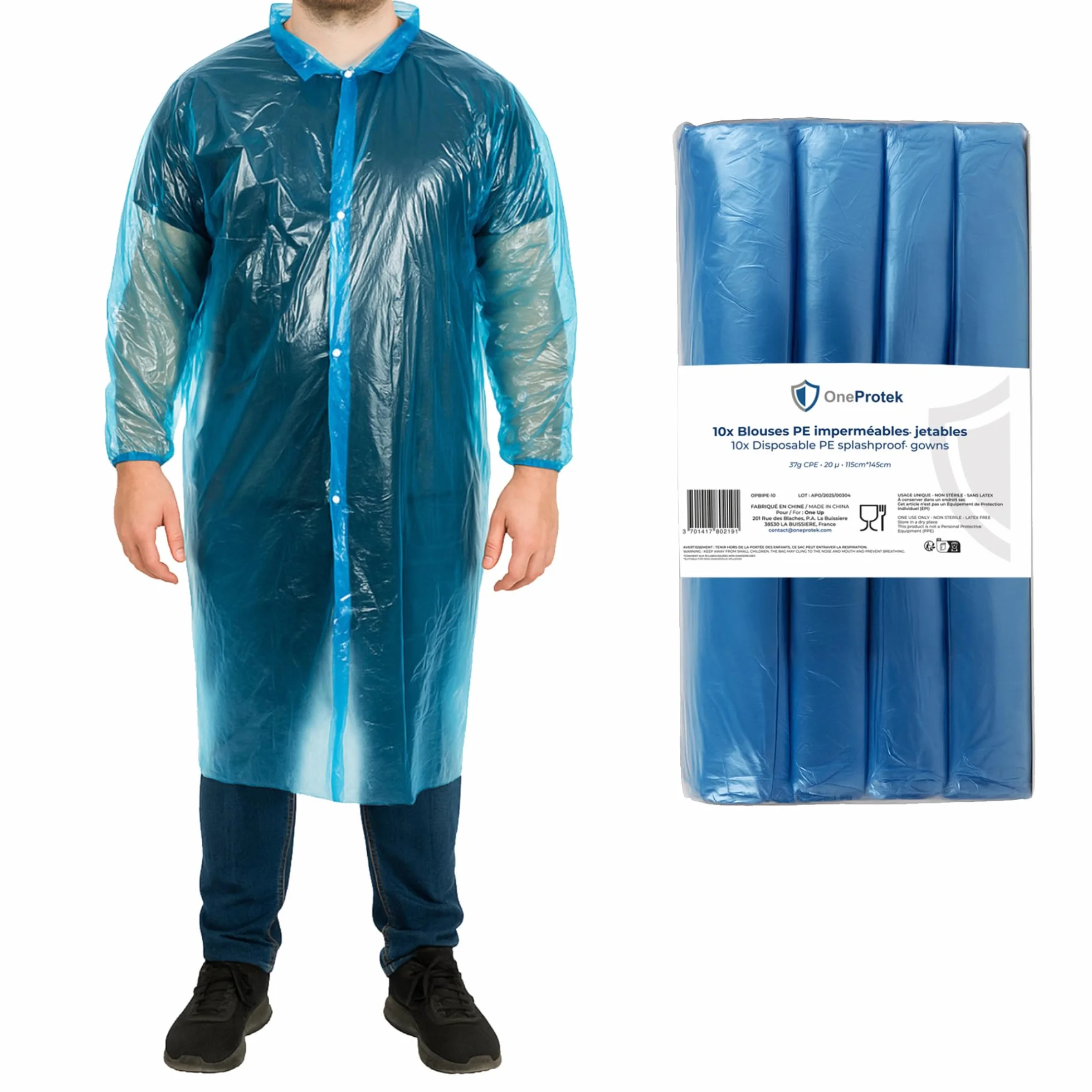 10 camice usa e getta, impermeabile, con bottoni a pressione, in polietilene riciclabile, resistente e confortevole, conforme al contatto alimentare, taglia unica, colore: blu