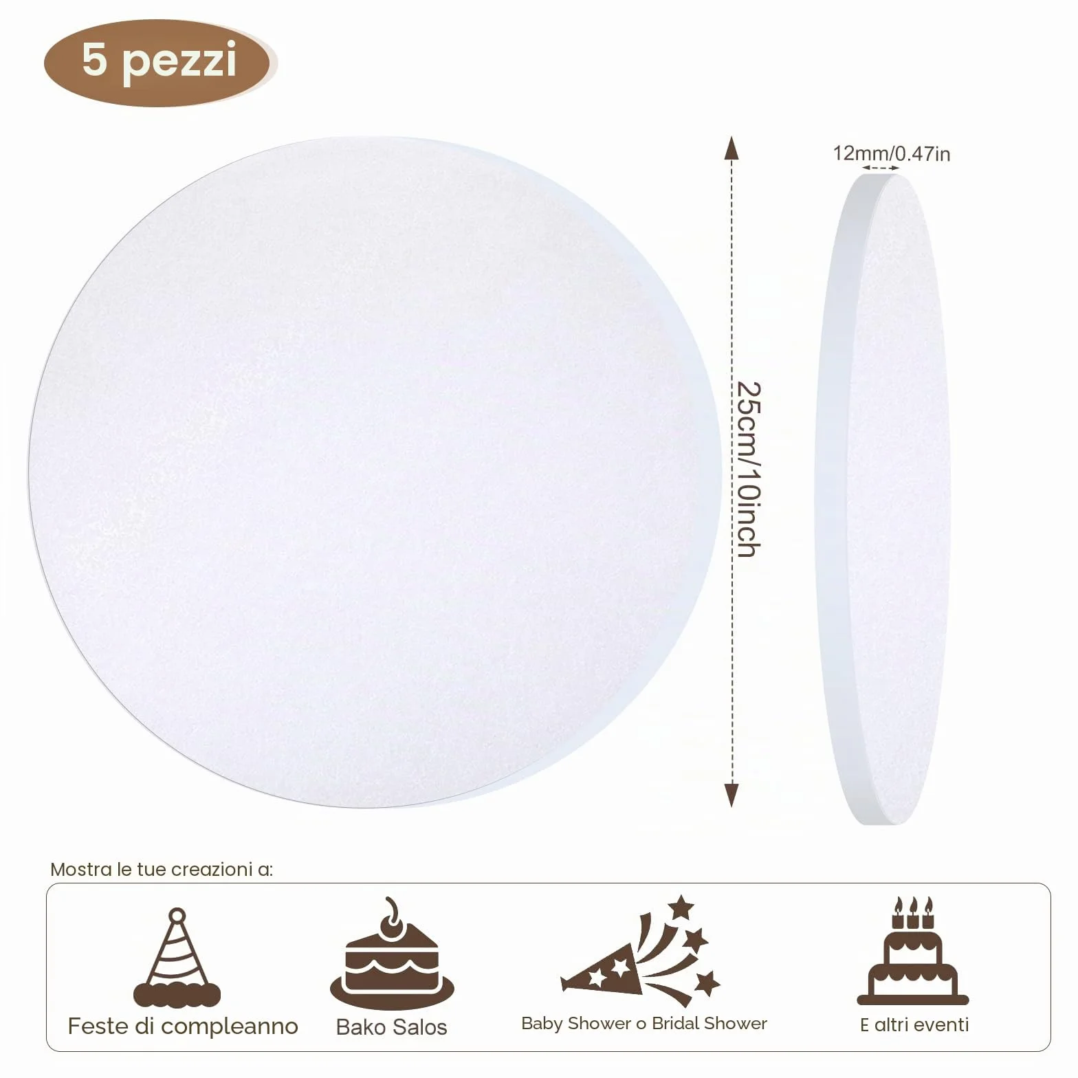 Sottotorta Tondo 25 cm x 12 mm Cartone Bianco Riutilizzabile Cake Board per Torte 8-10 Pollici