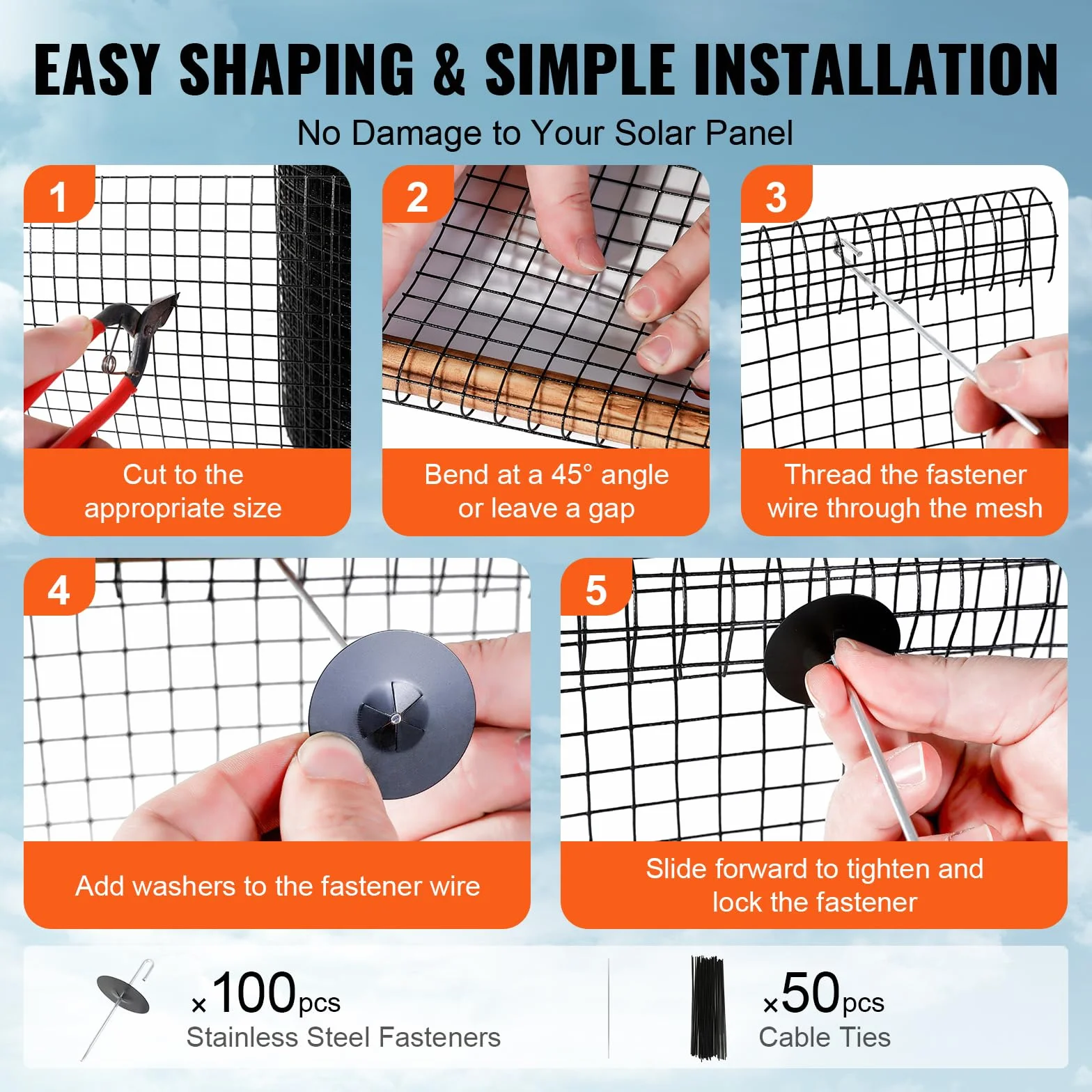 VEVOR Griglia di Protezione per Pannello Solare in Rotolo 20,3 cm x 30,5 m, Kit Anti-Uccelli 100 Fascette in Acciaio Inox Rivestimento PVC Antiruggine Rete Metallica 12,7 mm