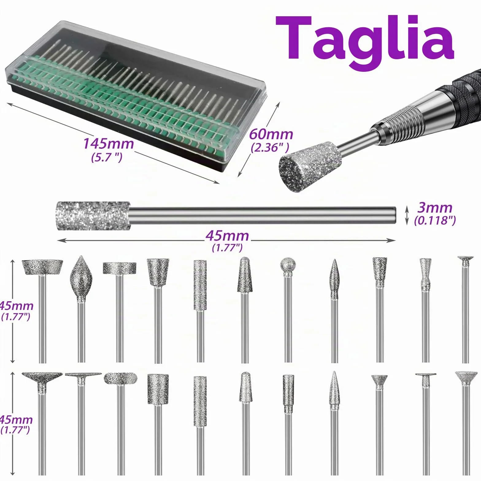 Set di 52 frese diamantate, compatibili con Dremel, accessori rotanti con fusto da 3 mm, vestibilità per vetro, pietre preziose, dettagli di giada, incisione e foratura