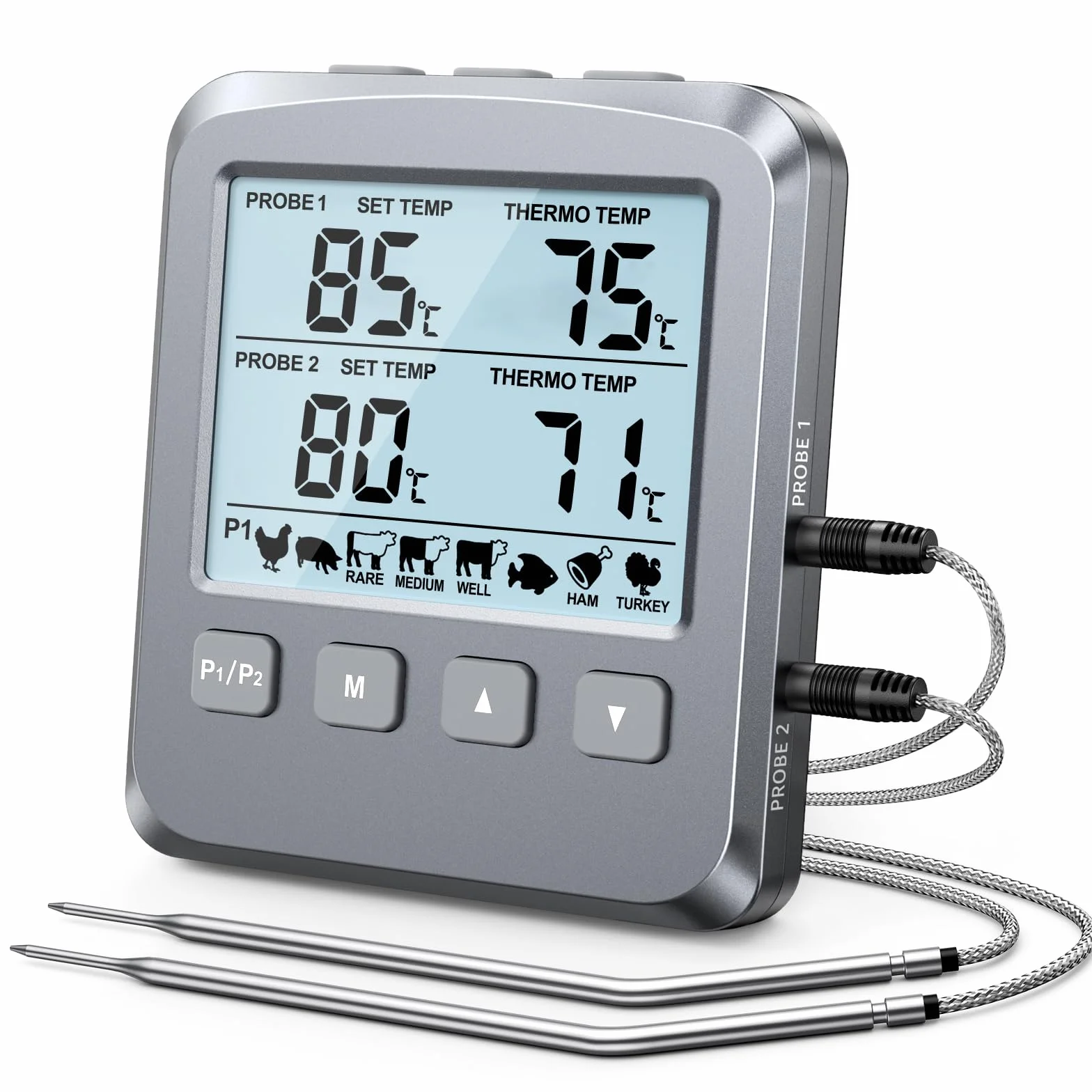 CIRYCASE Dual Sonda Termometro Cucina Digitale, Termometro Alimenti con LCD e Allarme, Lettura Rapida per Barbecue Forno Carne Latte Olio Frittura