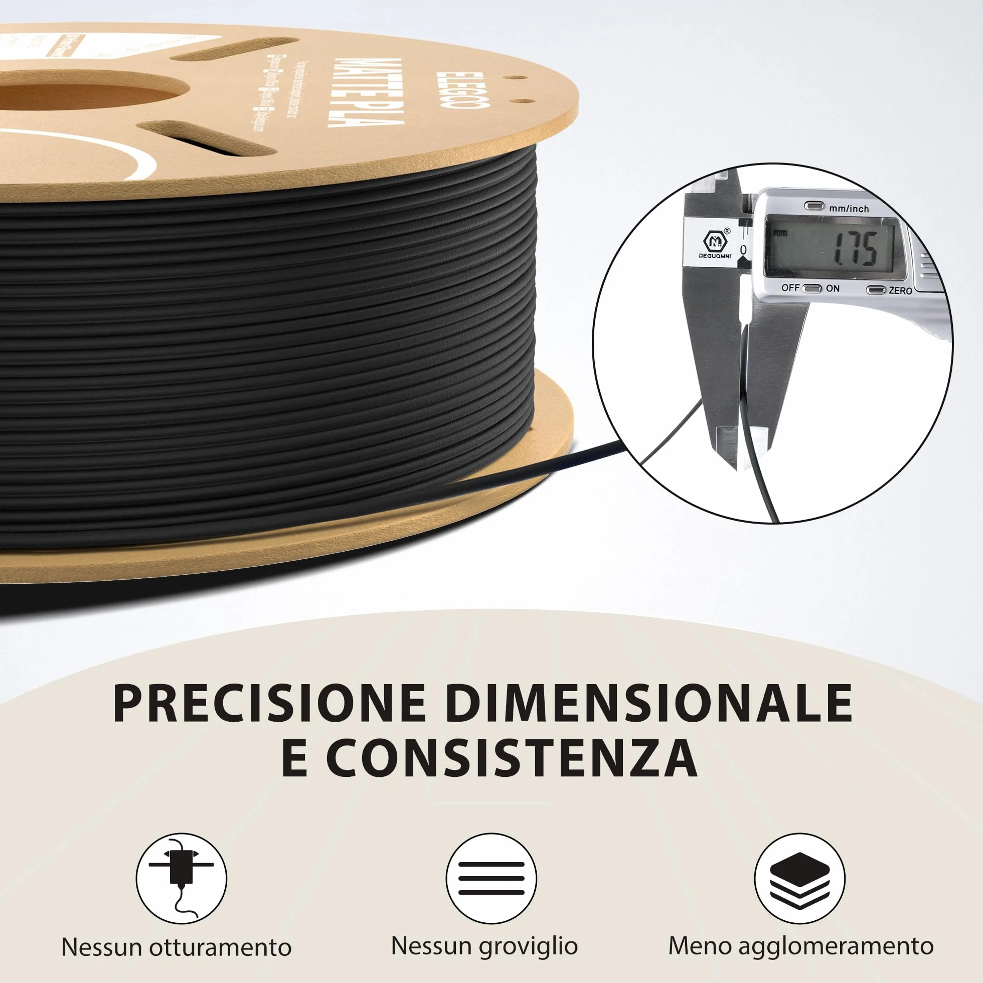 ELEGOO Filamento PLA Matte Nero 1 kg 1,75 mm Opaco per Stampante 3D precisione +/- 0,02 mm