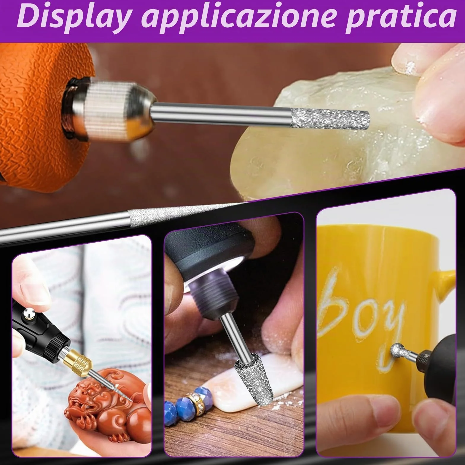 Set di 52 frese diamantate, compatibili con Dremel, accessori rotanti con fusto da 3 mm, vestibilità per vetro, pietre preziose, dettagli di giada, incisione e foratura