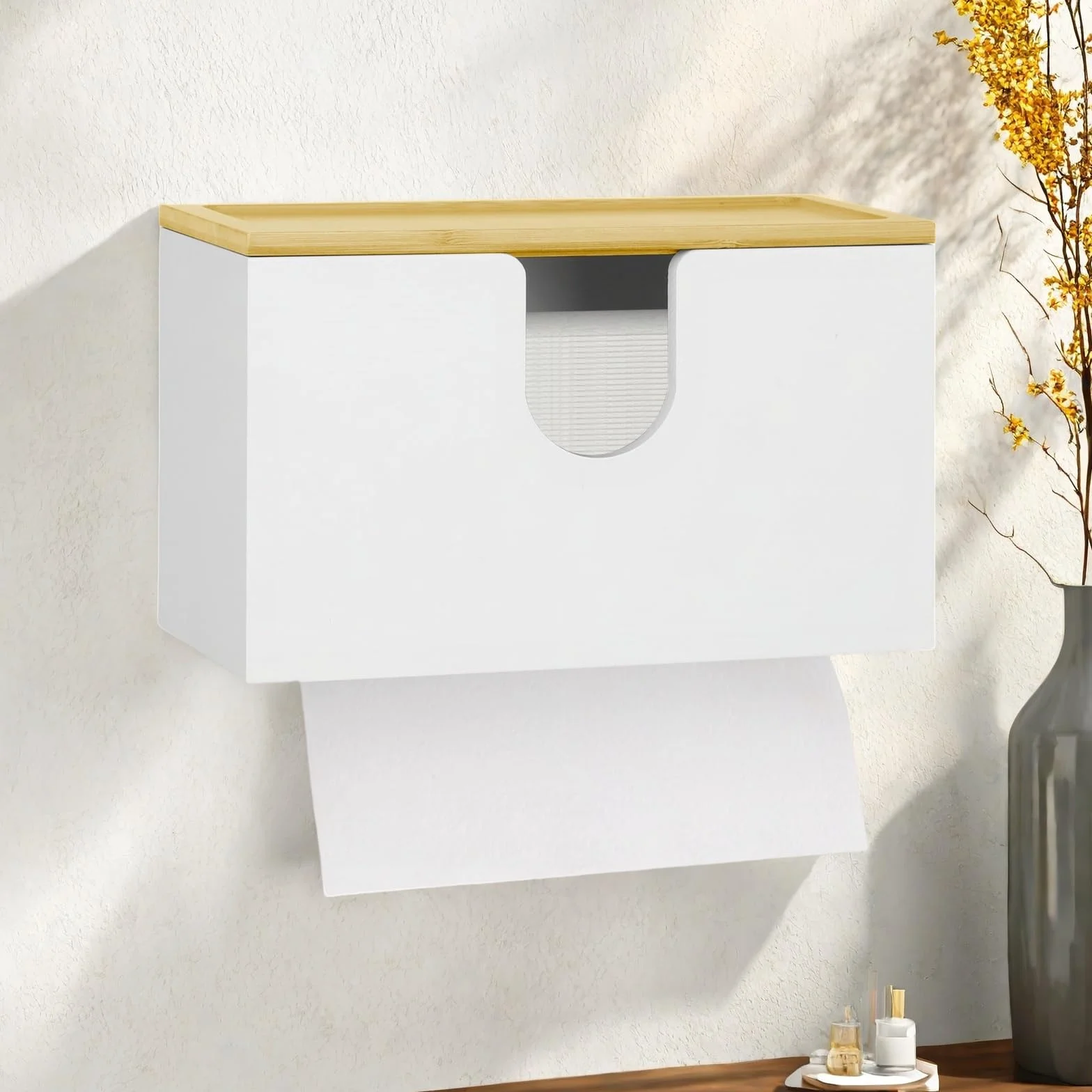 Dispenser Asciugamani Carta da Parete in Bambù Bianco 27.5x16x13cm
