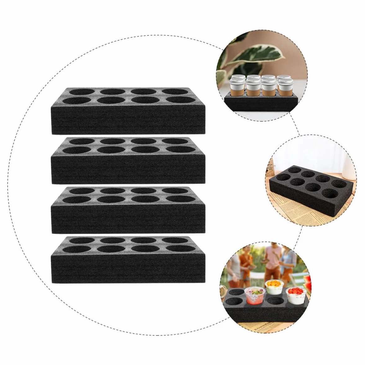Portabicchieri da Asporto 4 Pezzi in Schiuma di Cotone Perlato Nero Design a 8 Fori