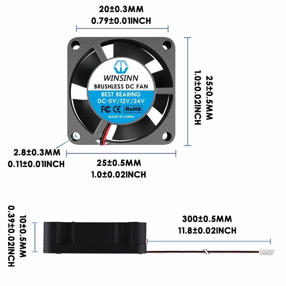 WINSINN 2510 - Ventola da 25 mm, 24 V, cuscinetto idraulico brushless 2510, 25 x 10 mm, per PCB/Notebook/scheda grafica, alta velocità (confezione da 5 pezzi)