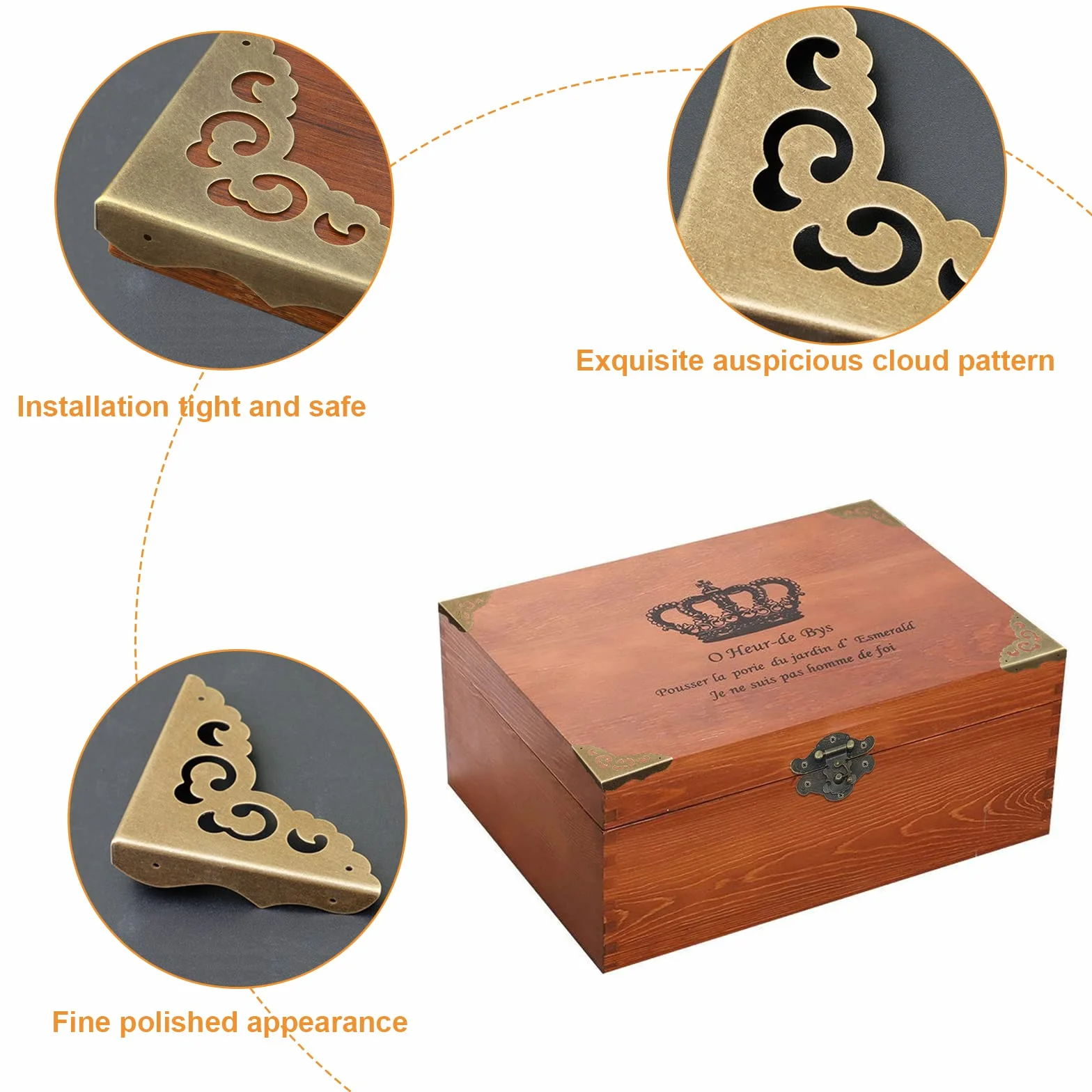 Morobor Protezioni angolari in ottone anticato, 4 pezzi, protezione decorativa per bordi in metallo, protezioni per angoli per scatole di legno, scatole regalo da scrivania