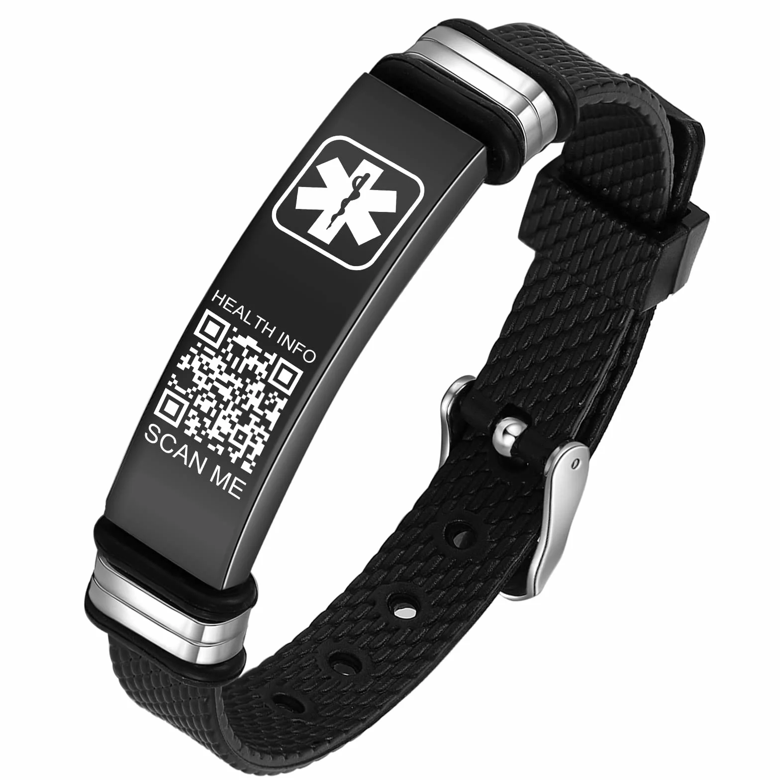Braccialetti medici per uomini e donne con codice QR, braccialetti identificativi di allerta medica, ultraleggero, regolabile, in plastica, adatto a polsi fino a 22,9 cm, più spazio