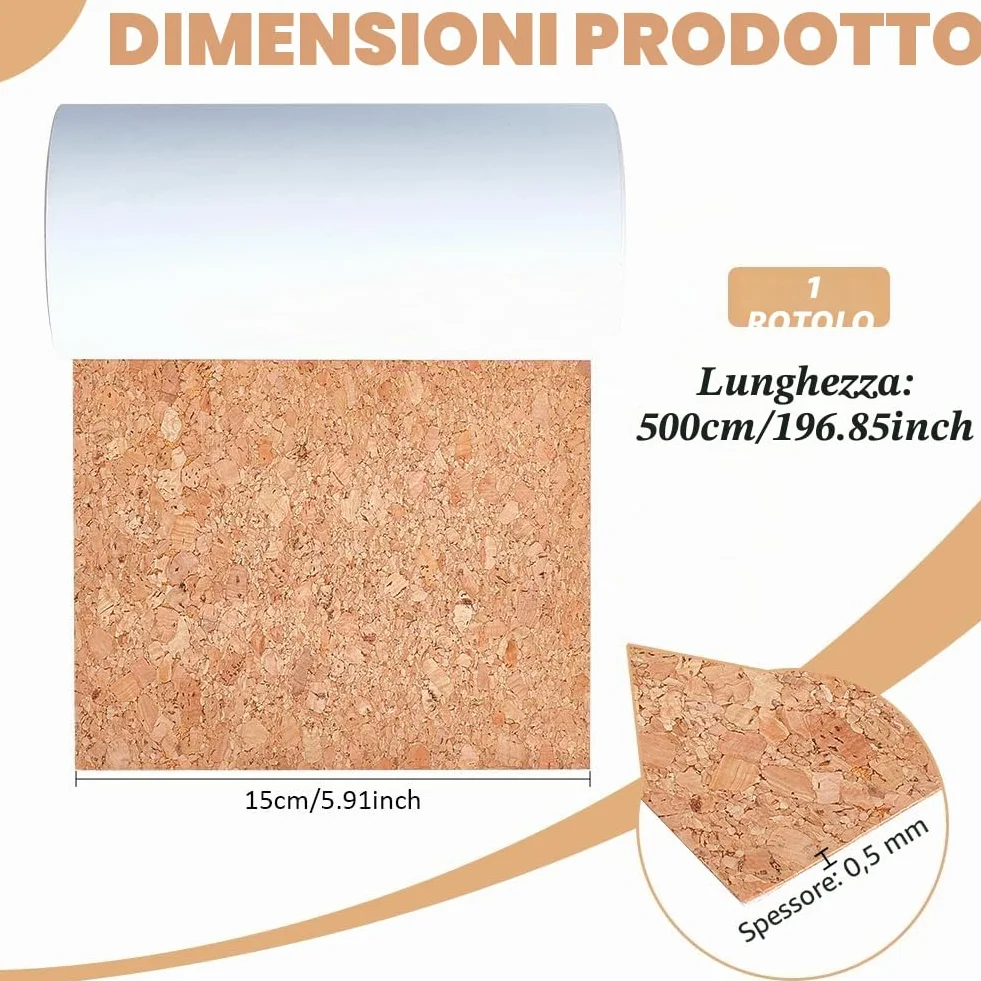 BENECREAT Rotolo di sughero adesivo 5 m, fogli in sughero naturale flessibile 150 mm, spessore 0,5 mm per scaffali e cassetti
