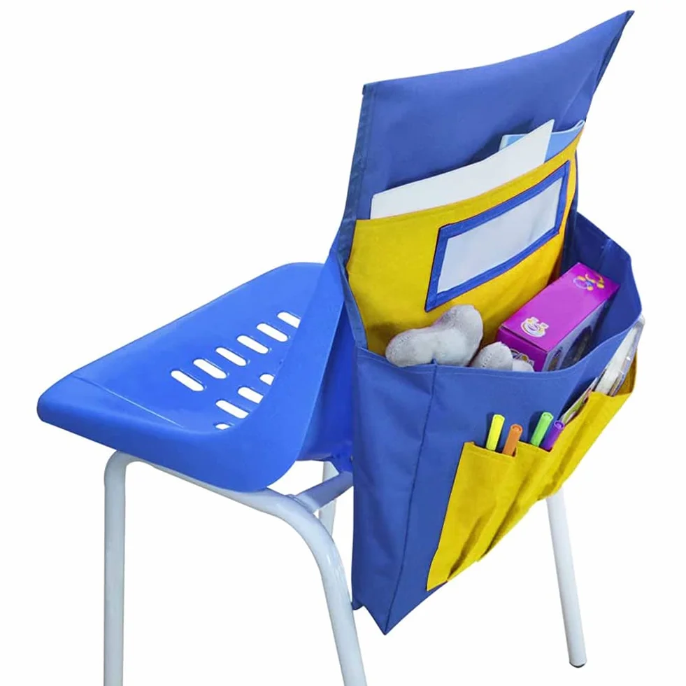 Tasca per sedia in aula scuola e tasche per sedie con targhetta con nome e tasche posteriori per sedie, borsa da appendere per aula o per asilo, casa, scuola
