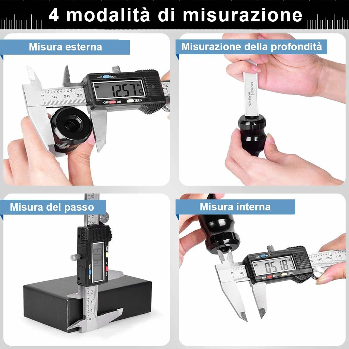 Calibro Digitale, Qfun Precisione Micrometro in Acciaio Inox 150mm con Ampio Display LCD Inch Electronic Digital Caliper per Misurzione Esterna, Interna, Profondità e di Passo