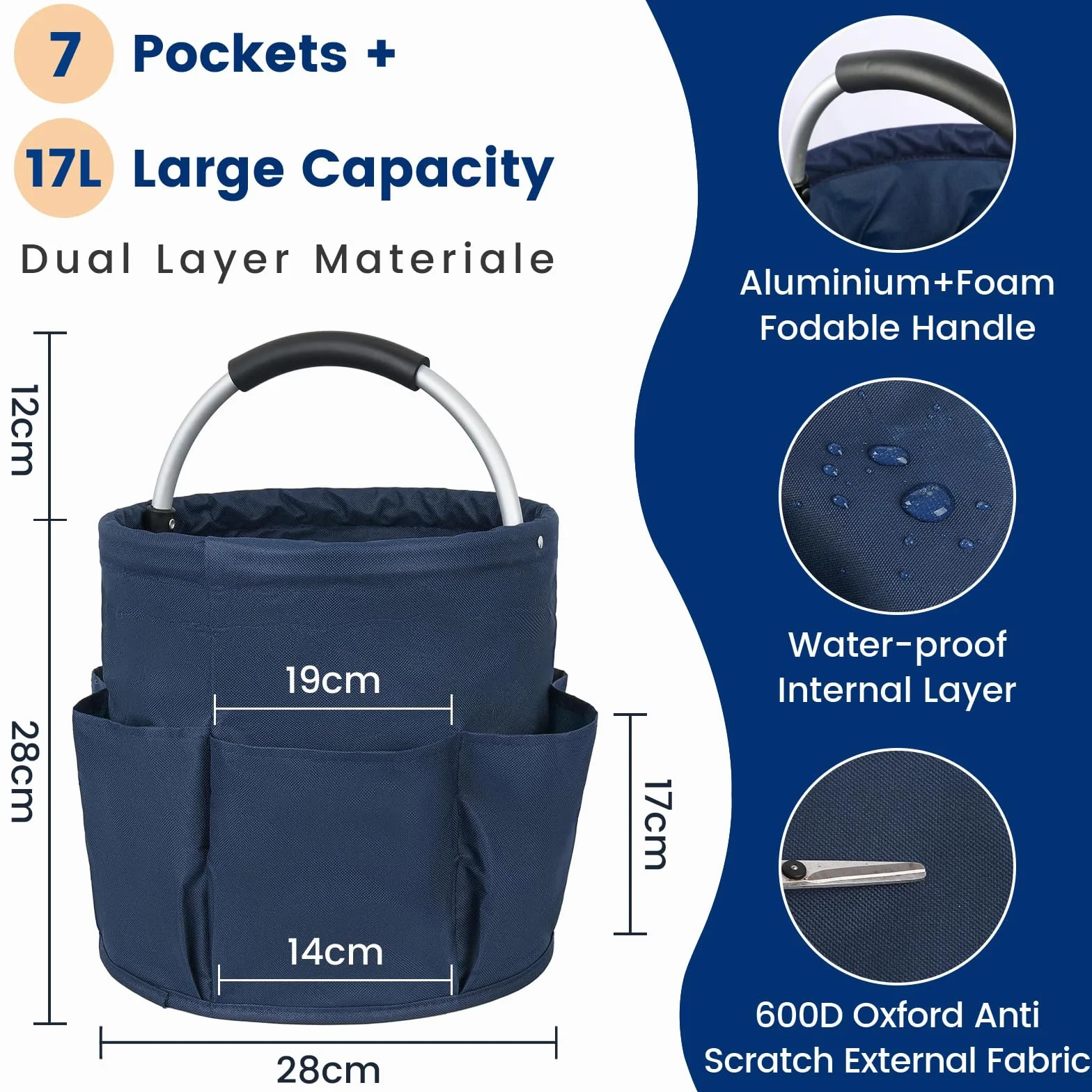 Carello Pulizie con Manico 2 Cestini Porta Atrezzi 6 Tasche Borsa Organizer Pieghevole Sacca Portaoggetti Pulizia Professionale Blu