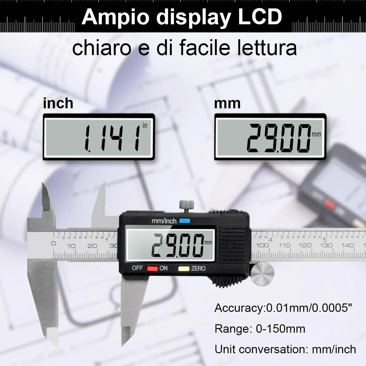 Calibro Digitale, Qfun Precisione Micrometro in Acciaio Inox 150mm con Ampio Display LCD Inch Electronic Digital Caliper per Misurzione Esterna, Interna, Profondità e di Passo