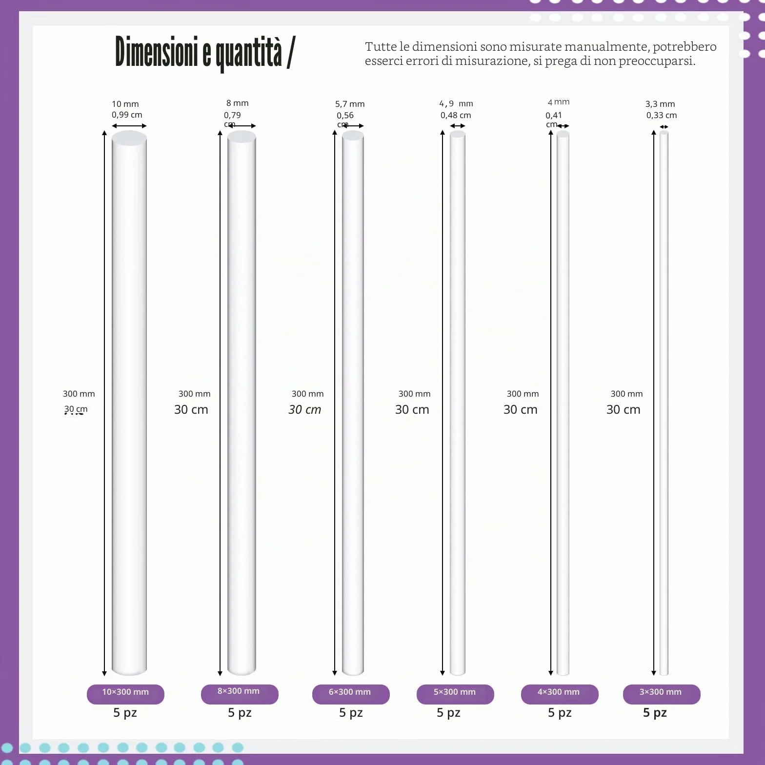 Swpeet Bastoncini di tassello in acrilico, 30 pezzi, diametro 3 mm, 4 mm, 5 mm, 6 mm, 8 mm, 10 mm di lunghezza, 300 mm, bianco, assortimento in acrilico trasparente, rotondi, solidi, per modellismo