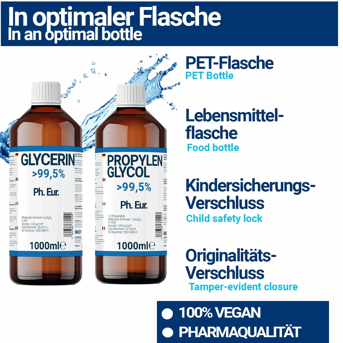 1000 ml di glicerina + 1000 ml di glicole propilenico di qualità farmaceutica | > 99,5% | puro | E422 + E1520 DIY