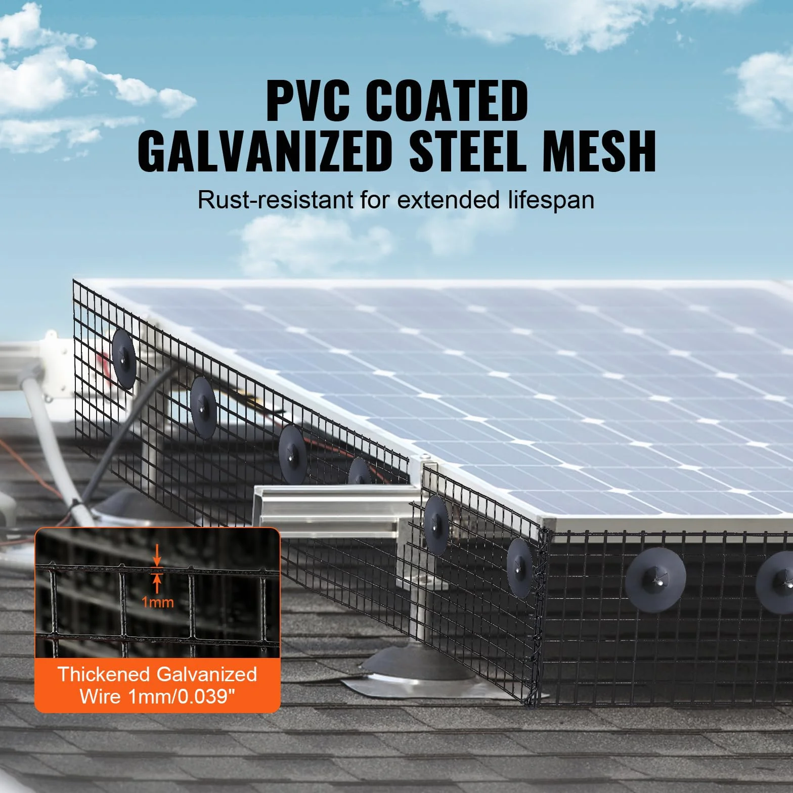 VEVOR Griglia di Protezione per Pannello Solare in Rotolo 20,3 cm x 30,5 m, Kit Anti-Uccelli 100 Fascette in Acciaio Inox Rivestimento PVC Antiruggine Rete Metallica 12,7 mm