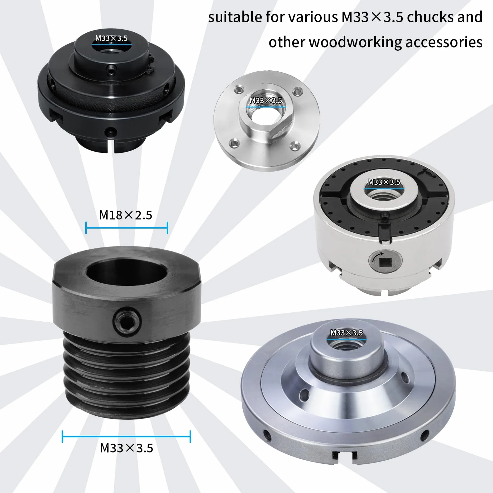 Adattatore mandrino per paletta per tornio per la lavorazione del legno Convertire M18X2.5mm a M33X3.5mm Adattatore Accessori per utensili di tornitura