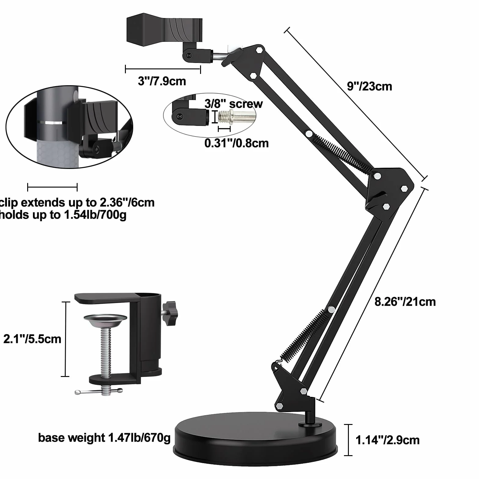 Supporto per microscopio universale 55 cm, diametro 6 cm, morsetto da tavolo