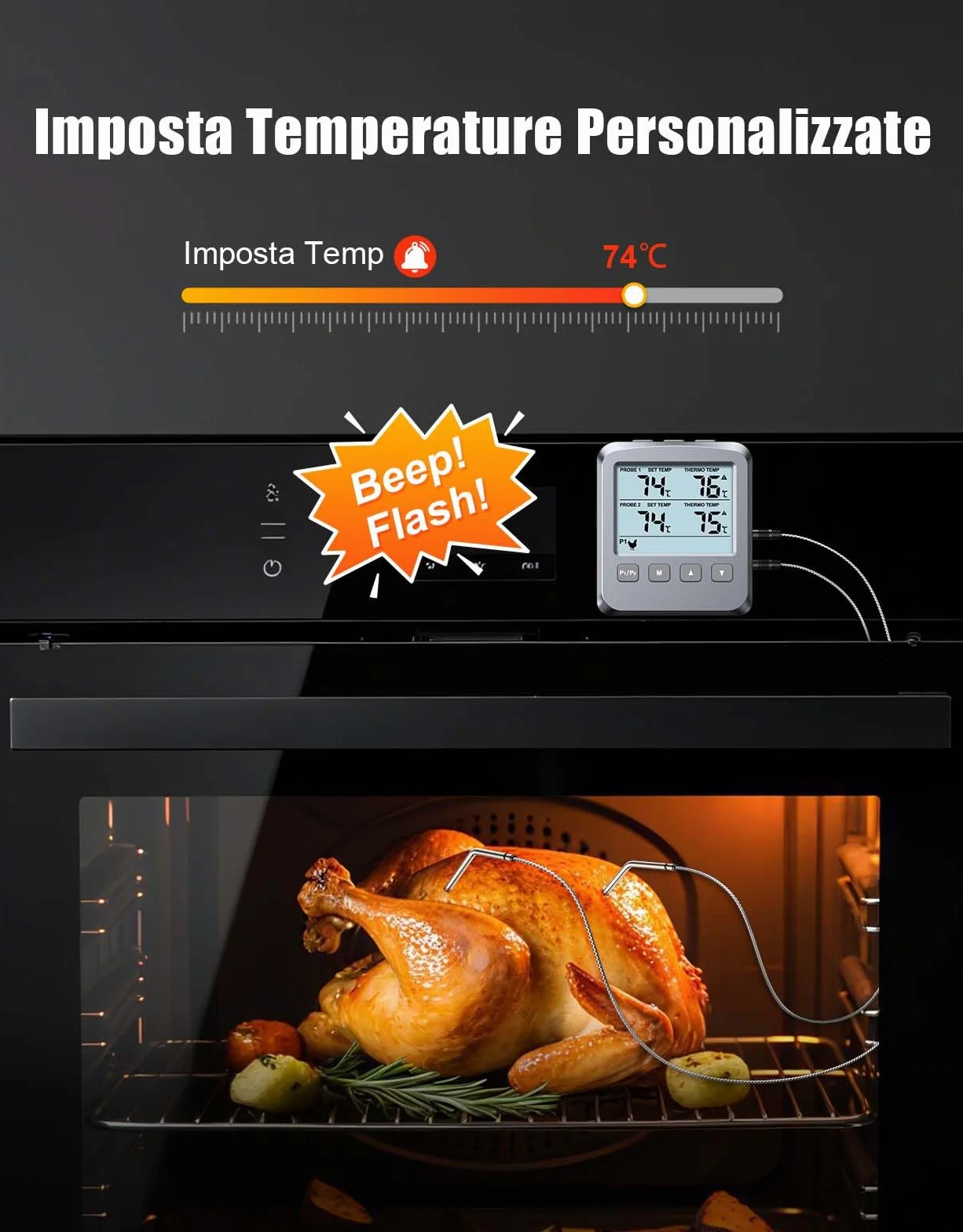 CIRYCASE Dual Sonda Termometro Cucina Digitale, Termometro Alimenti con LCD e Allarme, Lettura Rapida per Barbecue Forno Carne Latte Olio Frittura
