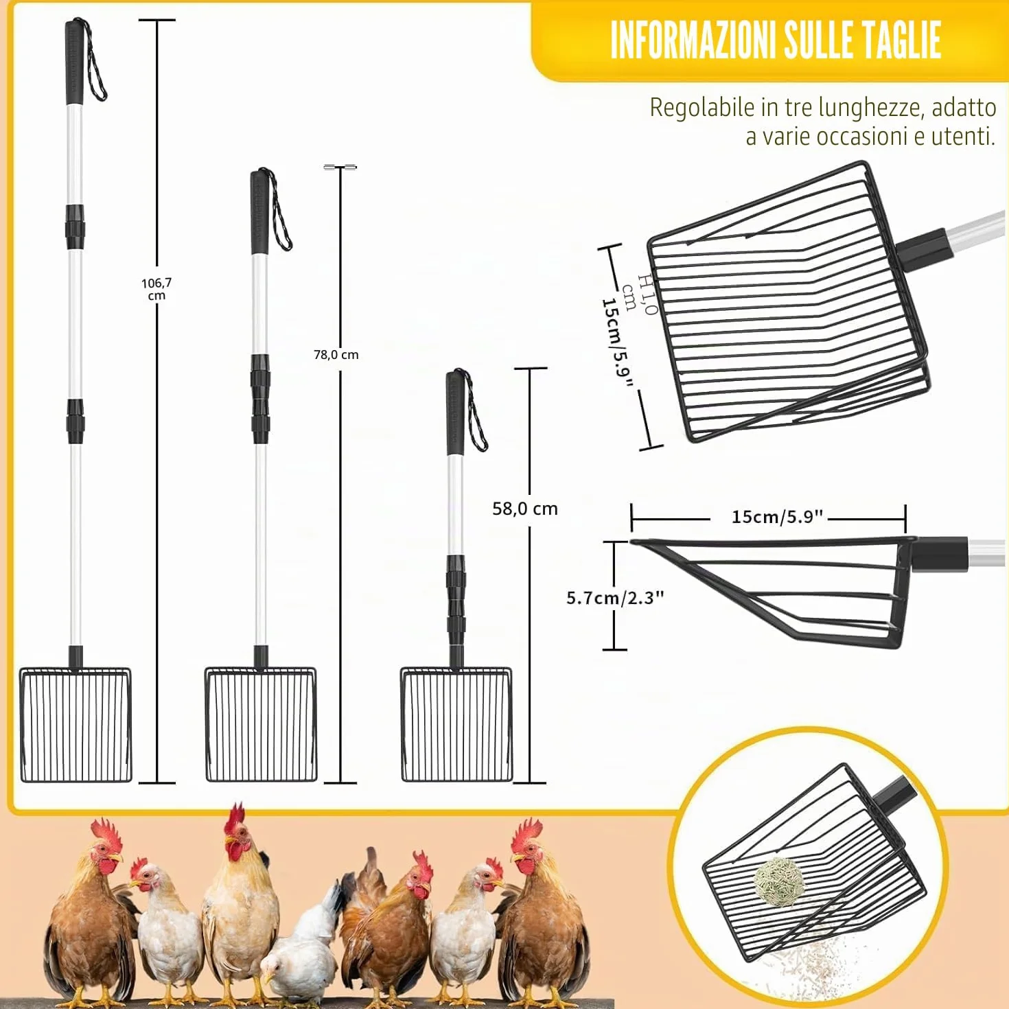 1 x Accessori per pollaio Pala per escrementi e setaccio, separazione feci e detriti dalla sabbia, lettiera per galline