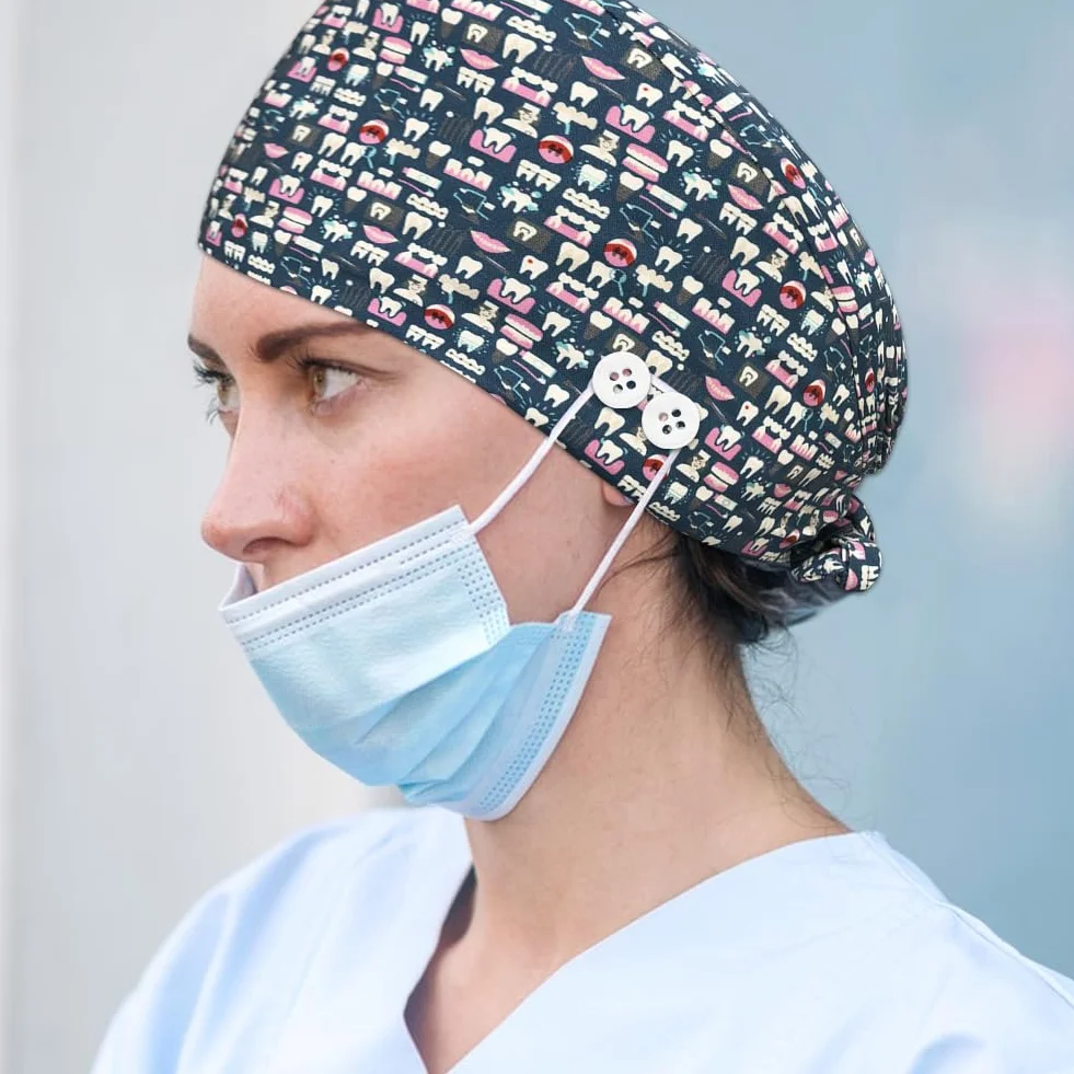 4 cappucci dentali per donne e uomini, regolabili, per dentisti, cappellini elastici da infermiera, cappelli da lavoro con bottone e fascia per il sudore