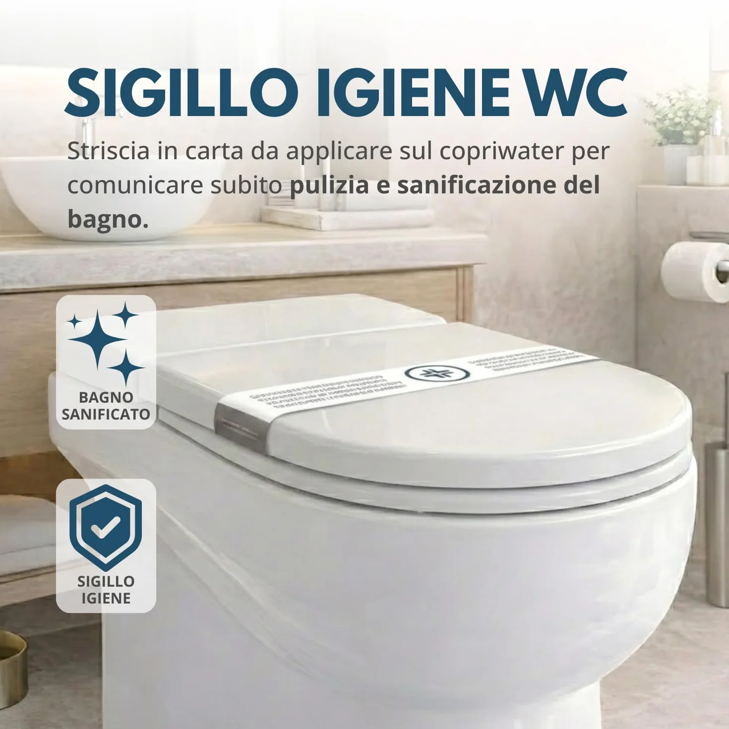 Strisce garanzia igiene WC con testo in 4 lingue 500 pz, 62x6,5 cm