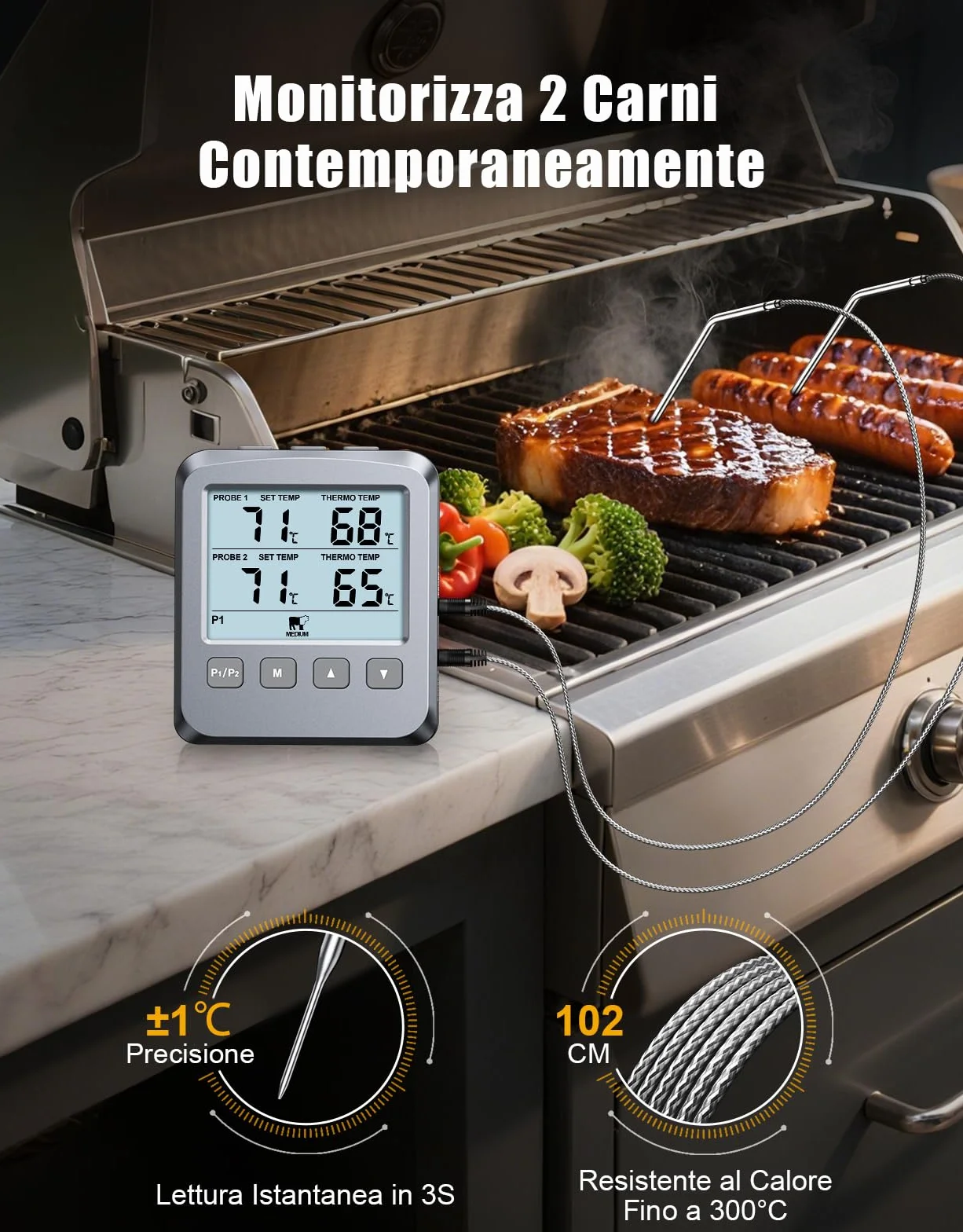 CIRYCASE Dual Sonda Termometro Cucina Digitale, Termometro Alimenti con LCD e Allarme, Lettura Rapida per Barbecue Forno Carne Latte Olio Frittura