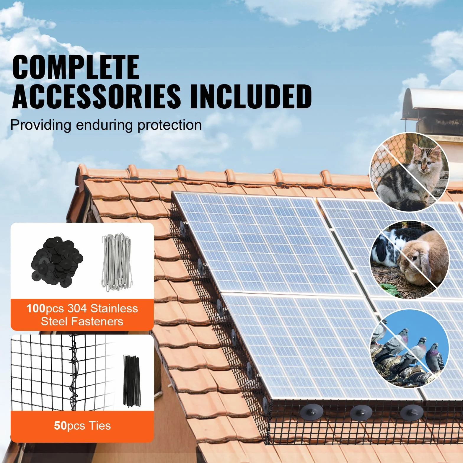 VEVOR Griglia di Protezione per Pannello Solare in Rotolo 20,3 cm x 30,5 m, Kit Anti-Uccelli 100 Fascette in Acciaio Inox Rivestimento PVC Antiruggine Rete Metallica 12,7 mm