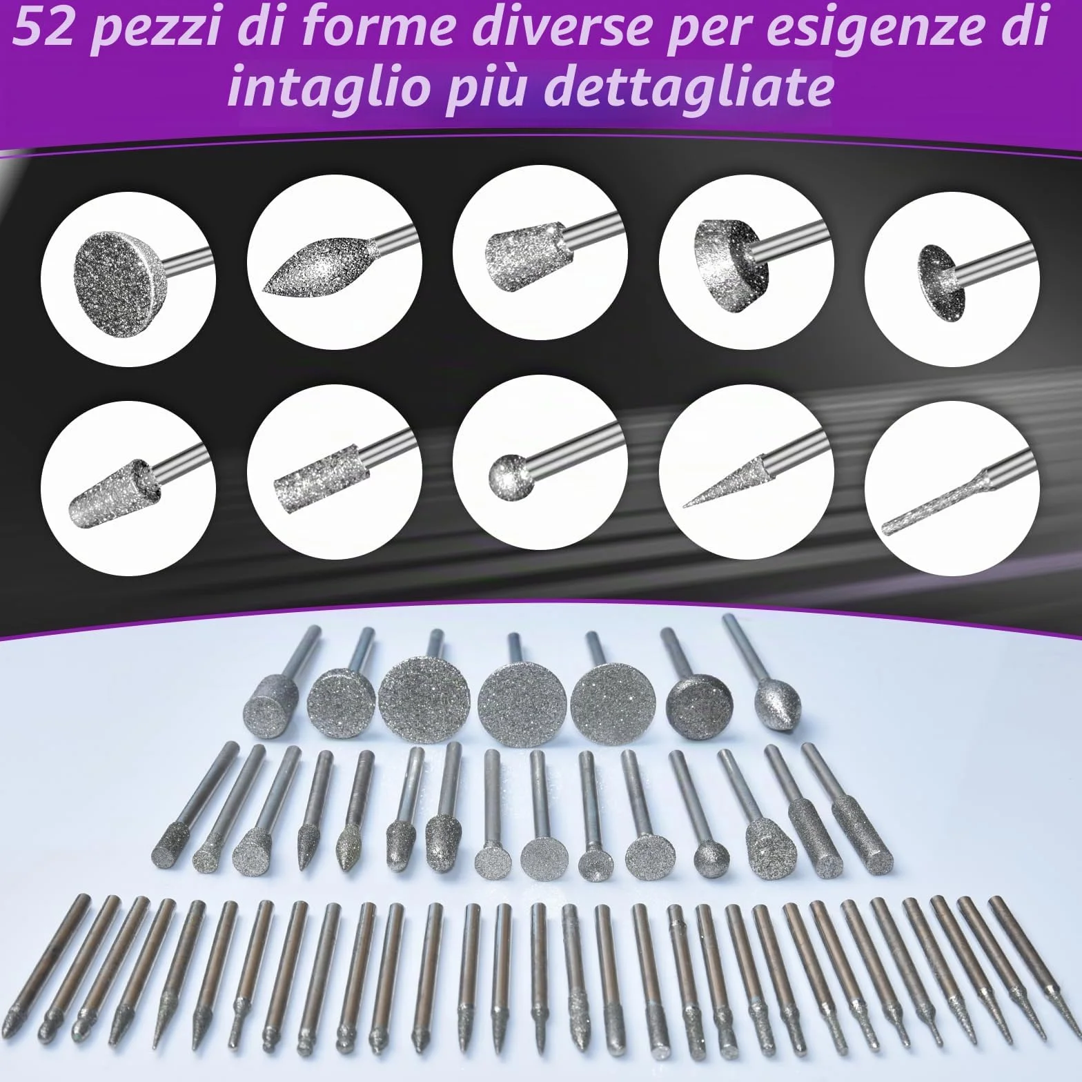 Set di 52 frese diamantate, compatibili con Dremel, accessori rotanti con fusto da 3 mm, vestibilità per vetro, pietre preziose, dettagli di giada, incisione e foratura