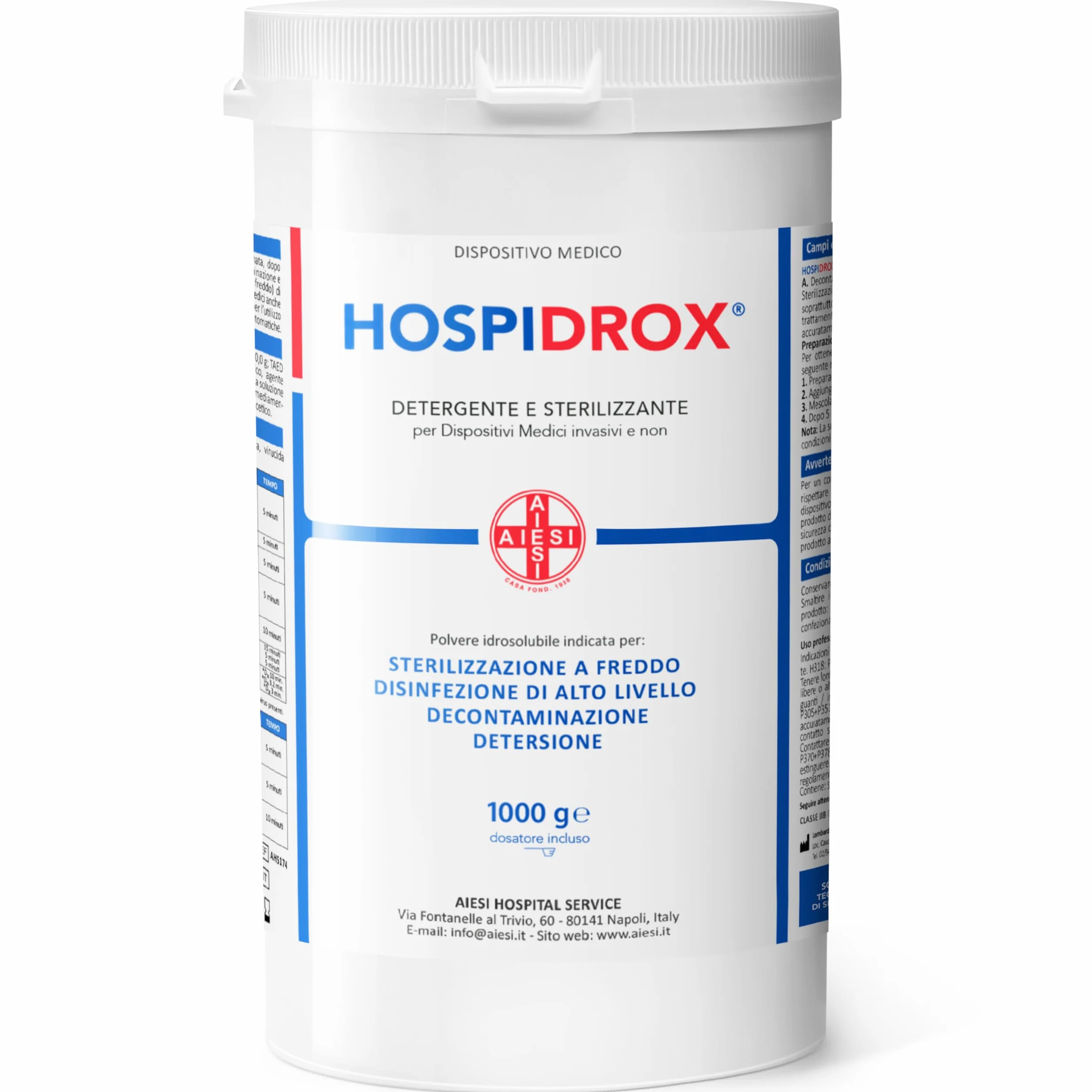 AIESI® Sterilizzante a freddo in polvere (1 Kg) per ferri chirurgici, dispositivi medici, strumenti estetica, acido peracetico HOSPIDROX, Detergente, Decontaminante, Tempo di contatto 10 minuti