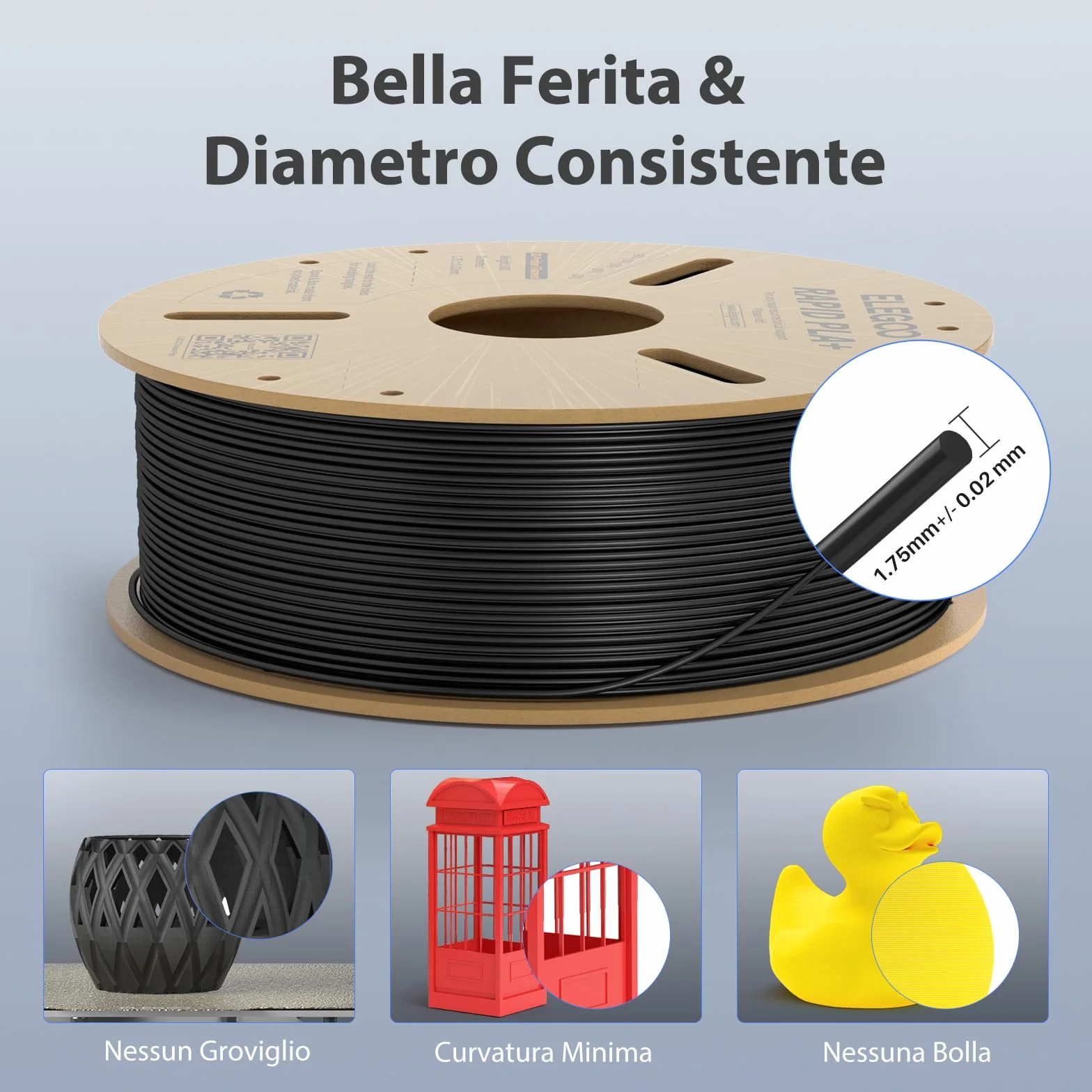 ELEGOO Rapido Filamento PLA+ 1.75mm Nero 1KG Alta Velocità 30-600 mm/s Precisione Dimensionale +/- 0.02mm