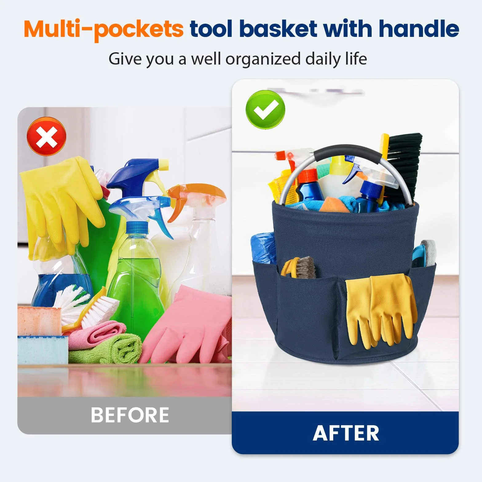 Carello Pulizie con Manico 2 Cestini Porta Atrezzi 6 Tasche Borsa Organizer Pieghevole Sacca Portaoggetti Pulizia Professionale Blu