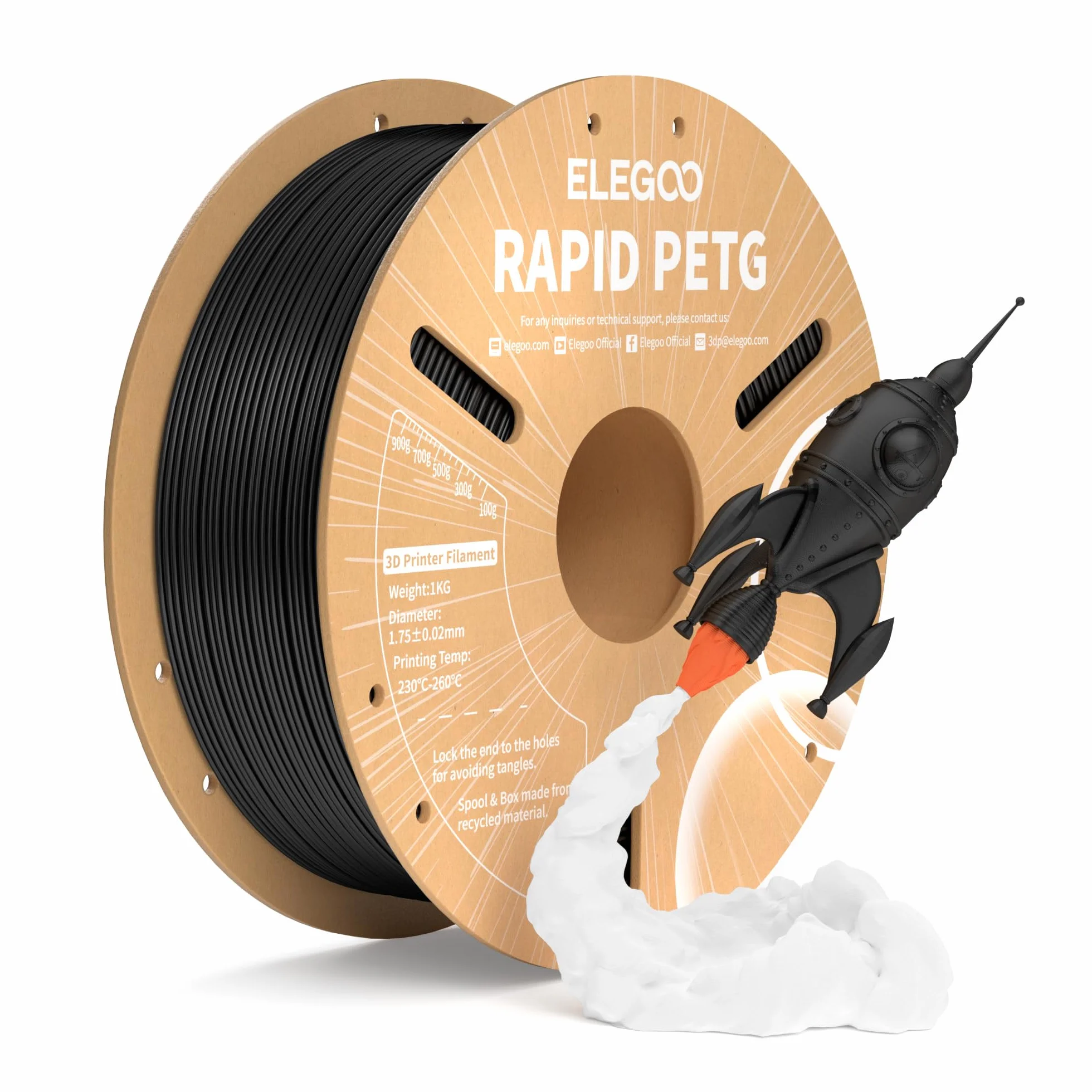 ELEGOO Rapido Filamento PETG 1,75 mm 1 kg Alta Velocità 30-600 mm/s per Stampante 3D FDM Nero